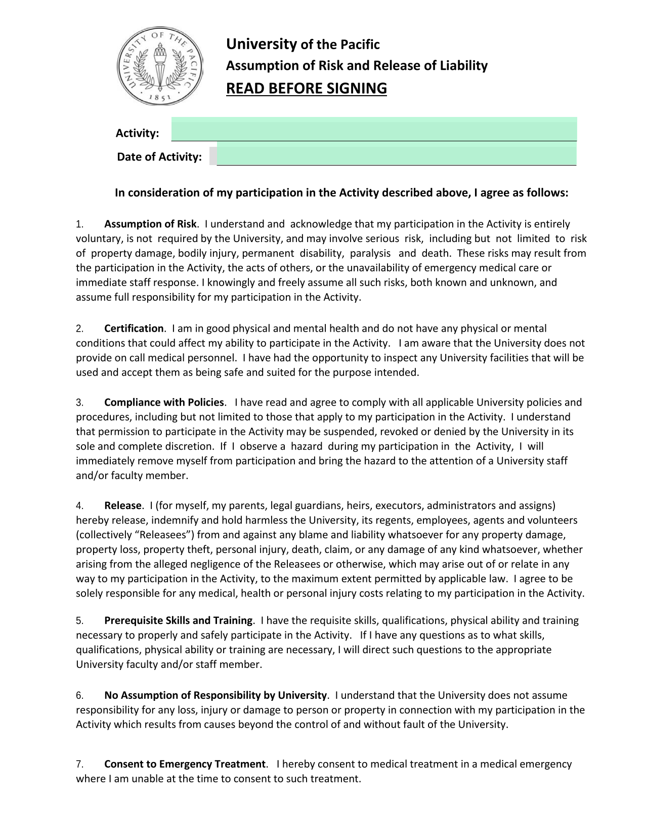 Activity Participation Waiver screenshot