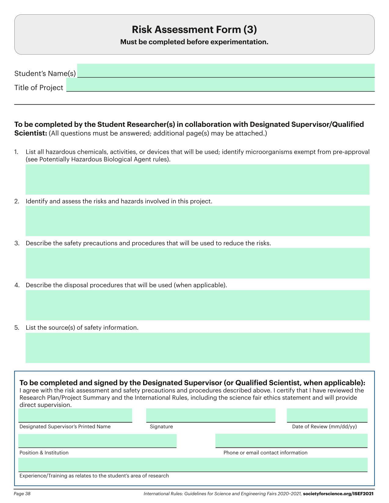 Risk Assessment Form screenshot