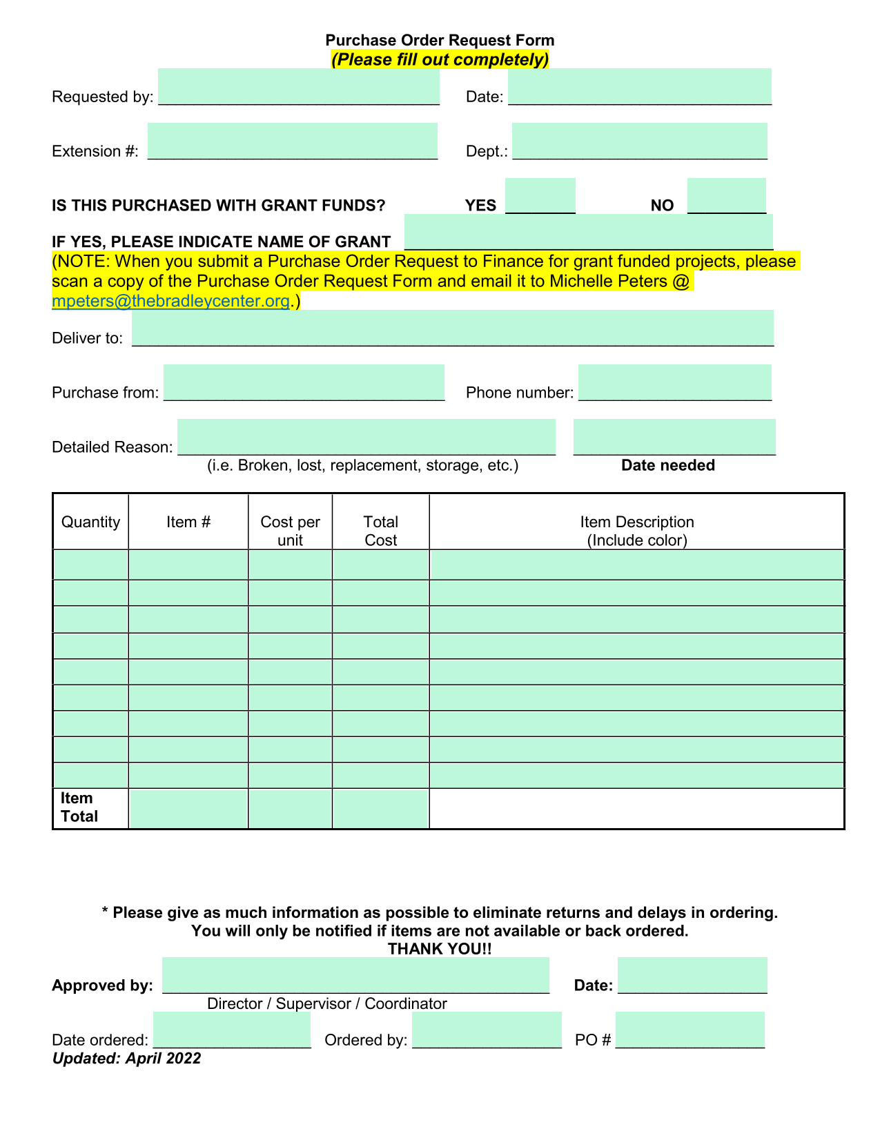 Purchase Order Request Form screenshot