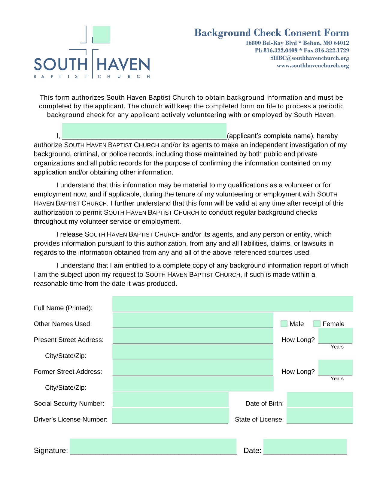 Background Check Consent Form screenshot