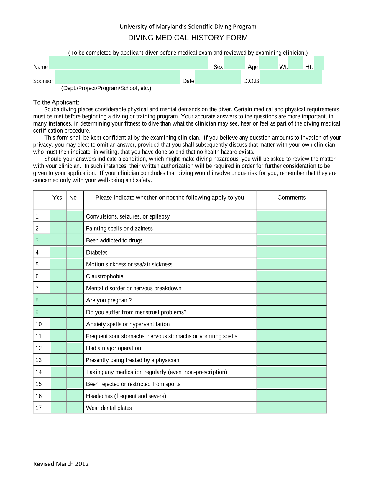 Diving Medical History Form screenshot