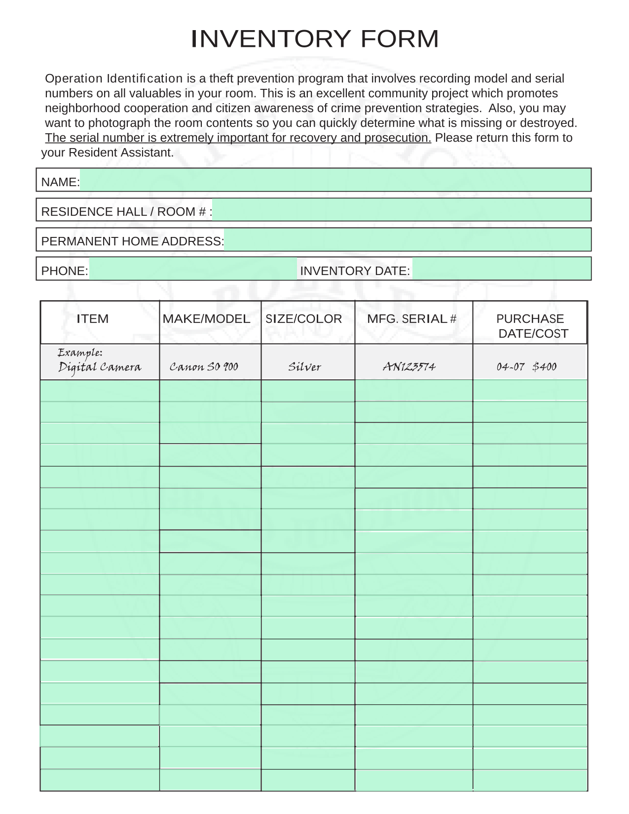 Inventory Form screenshot