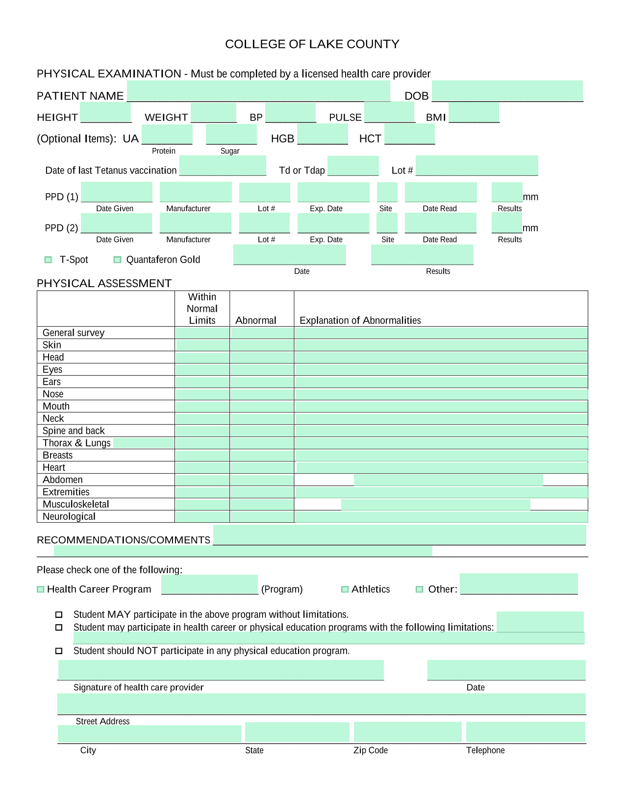 Physical Examination Form screenshot