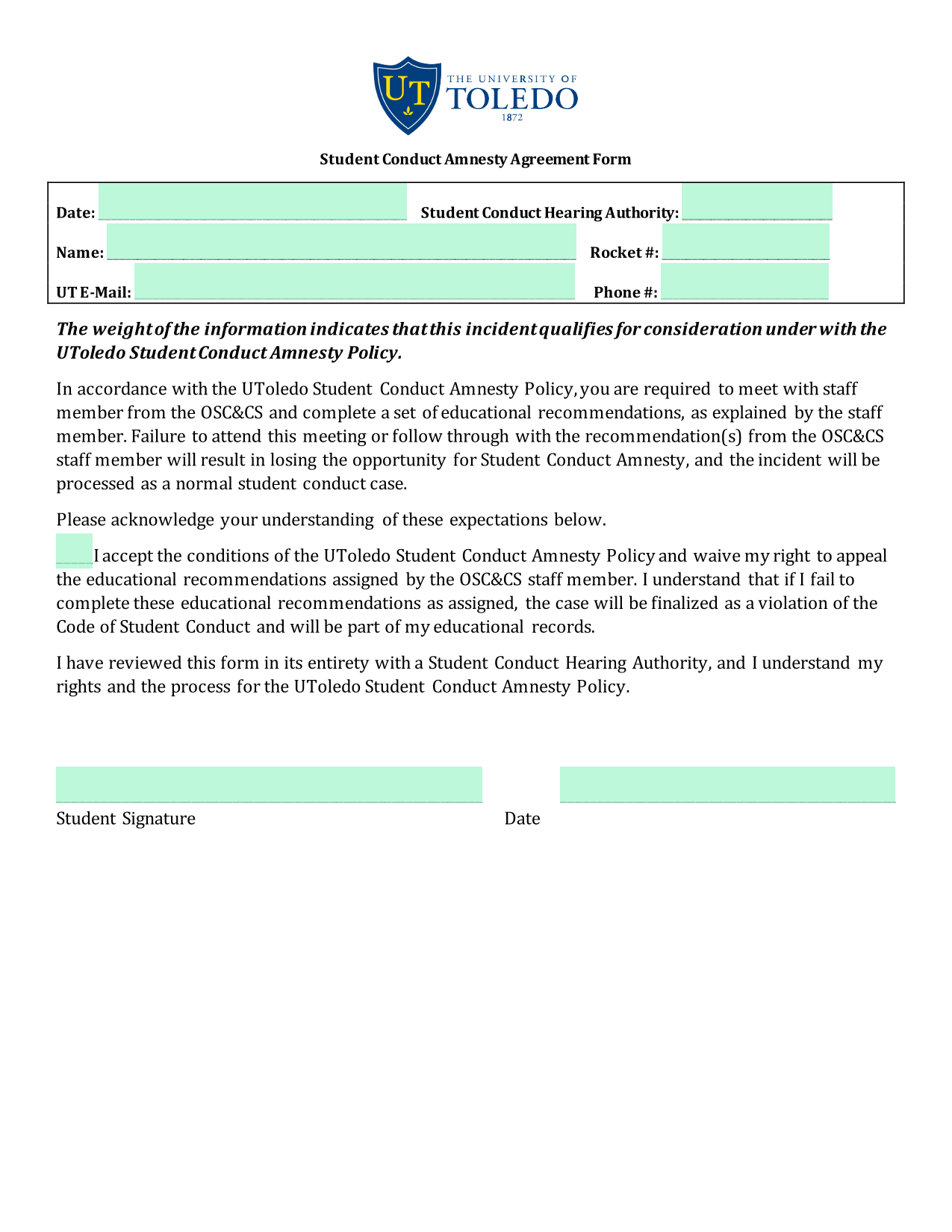 Student Conduct Amnesty Agreement Form screenshot