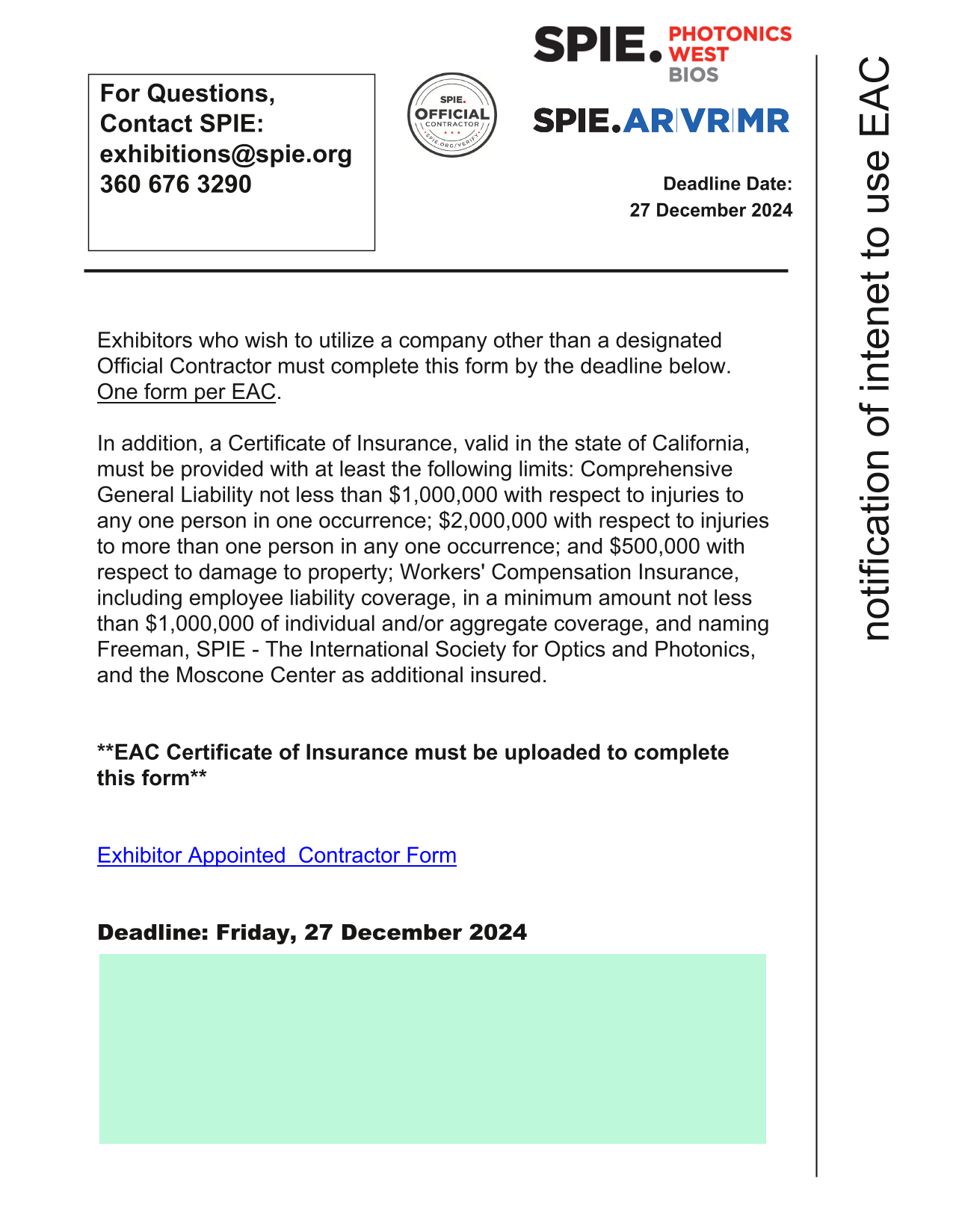 Exhibitor Appointed Contractor Form screenshot