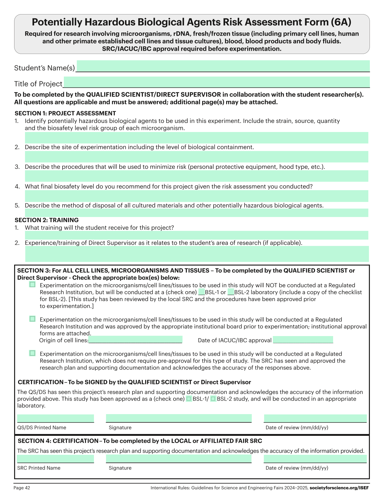 Potentially Hazardous Biological Agents Risk Assessment Form (6A) screenshot