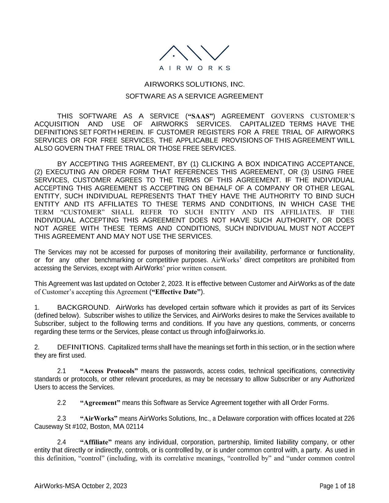 AIRWORKS SOLUTIONS, INC. SOFTWARE AS A SERVICE AGREEMENT screenshot