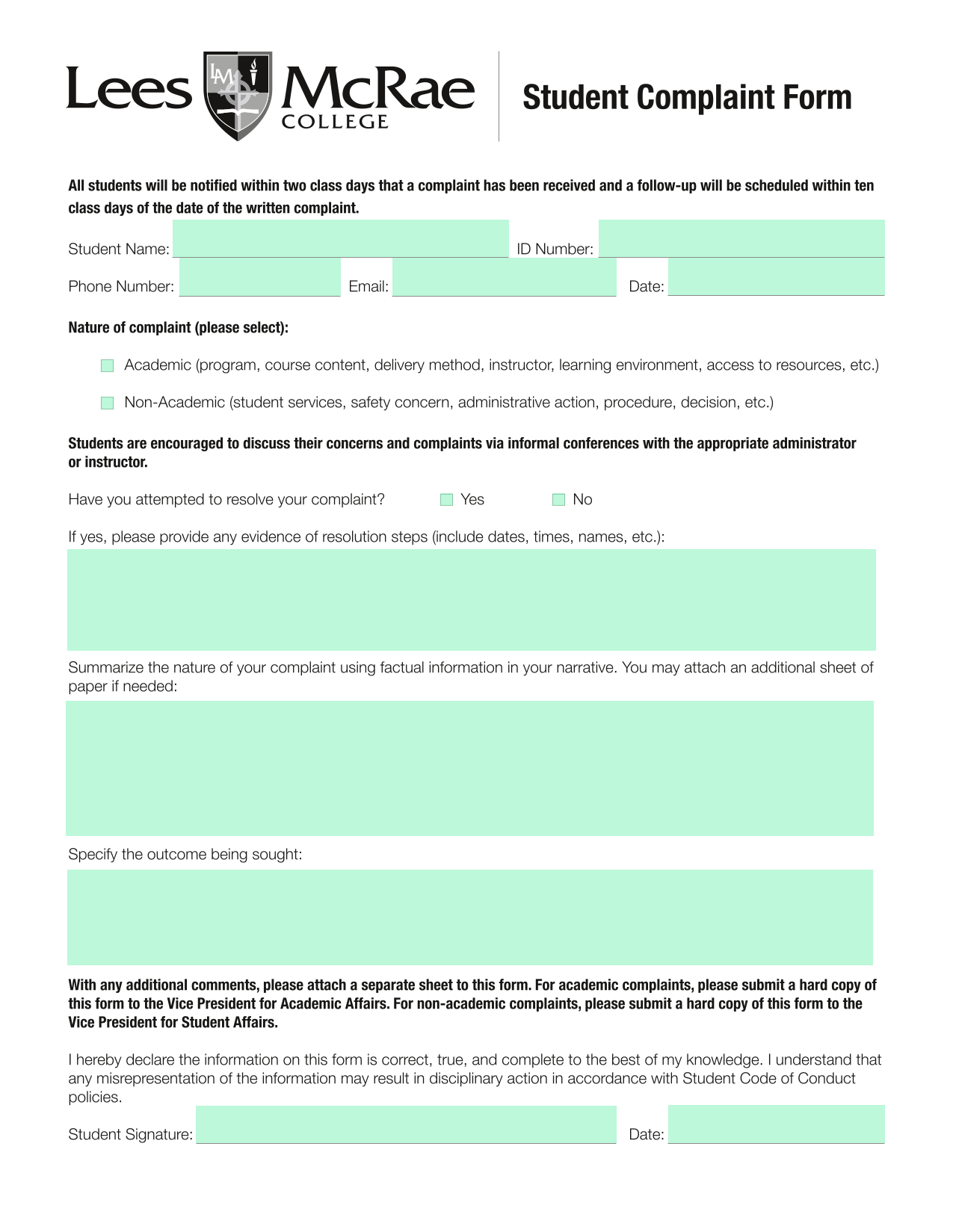 Student Complaint Form screenshot