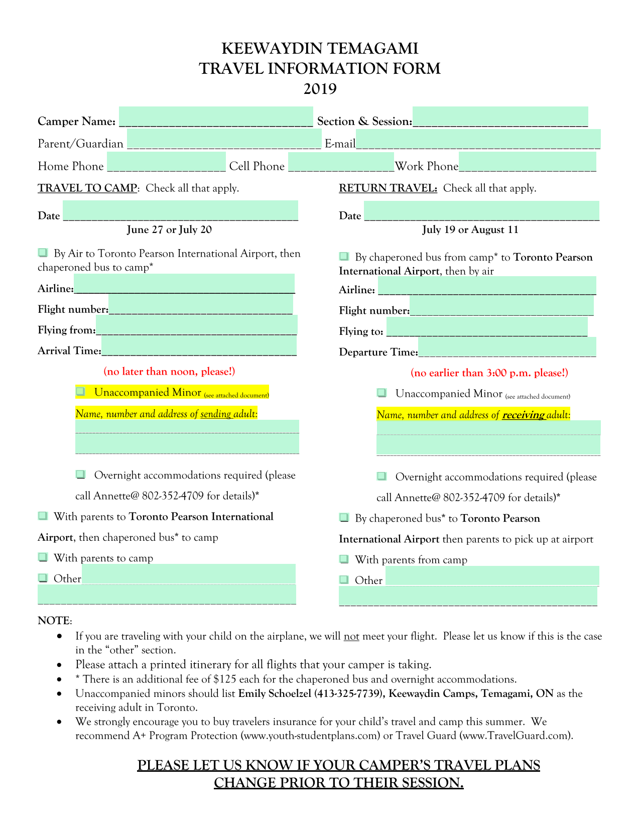 Keewaydin Temagami Travel Information Form screenshot