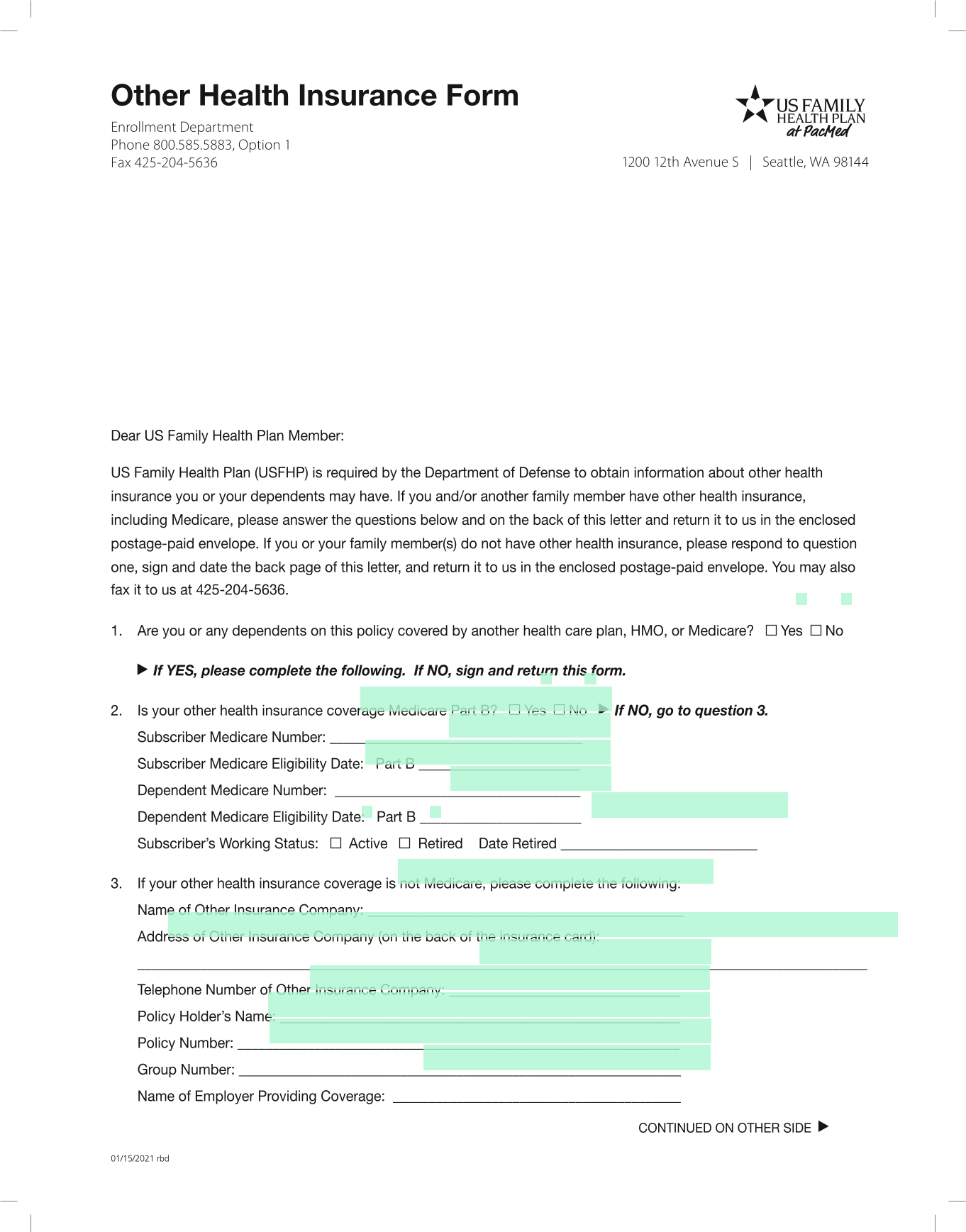 Other Health Insurance Form screenshot