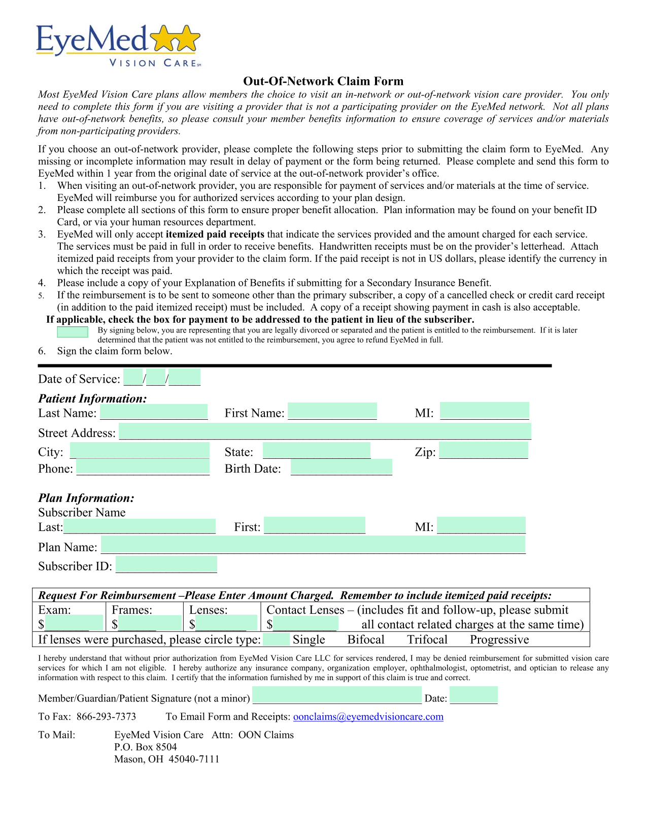 Out Of Network Claim Form screenshot