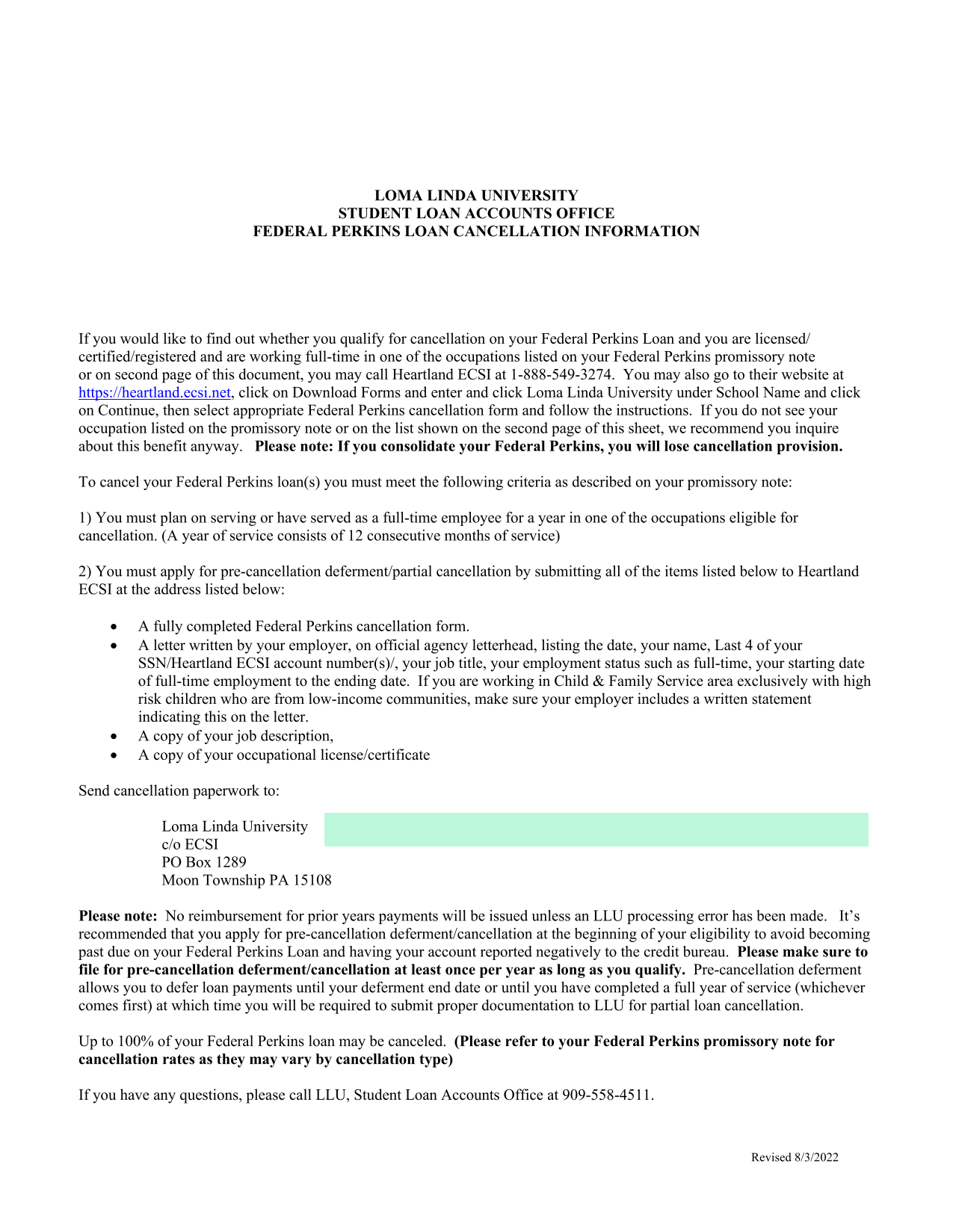 Federal Perkins Loan Cancellation Information screenshot