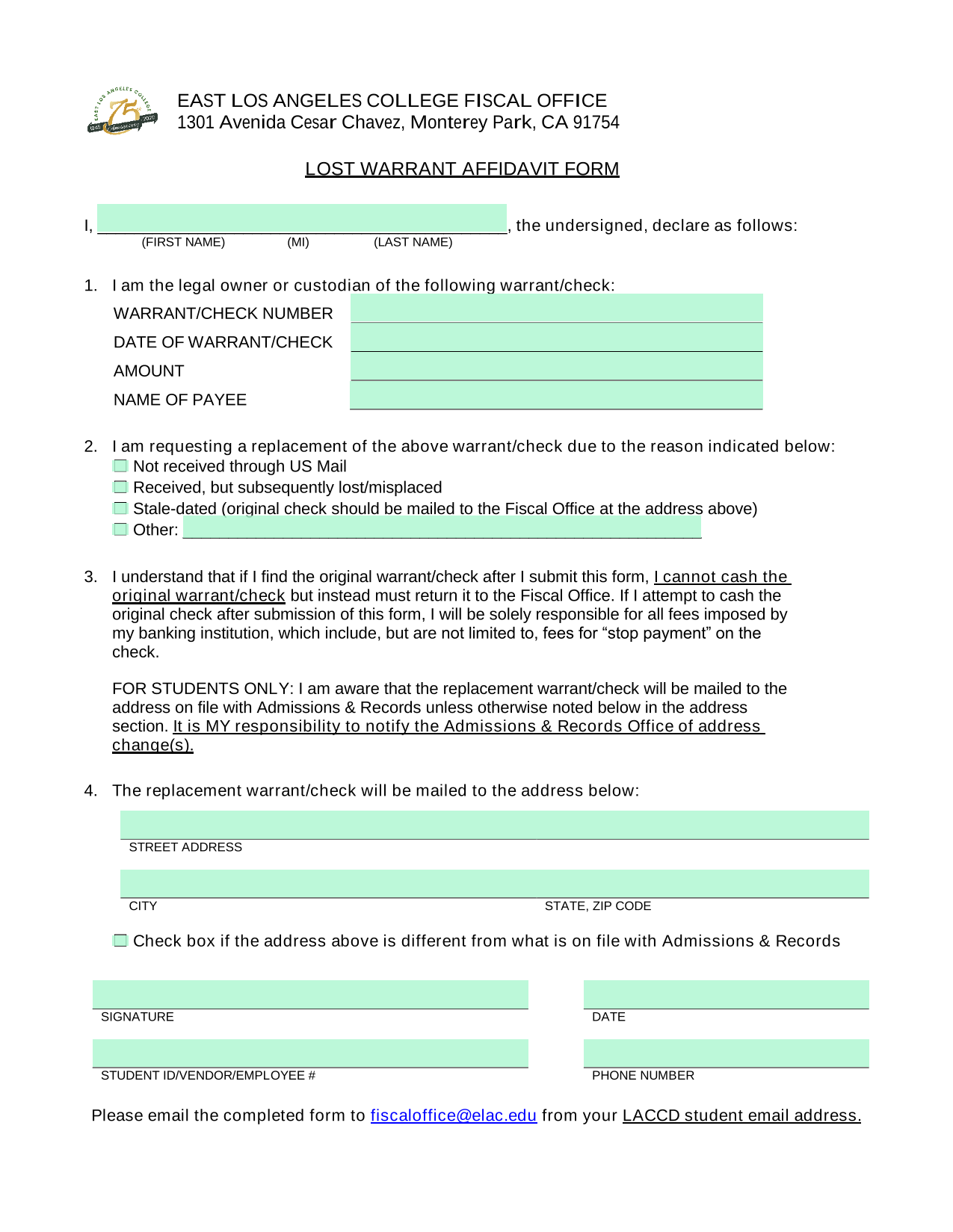 Lost Warrant Affidavit Form screenshot