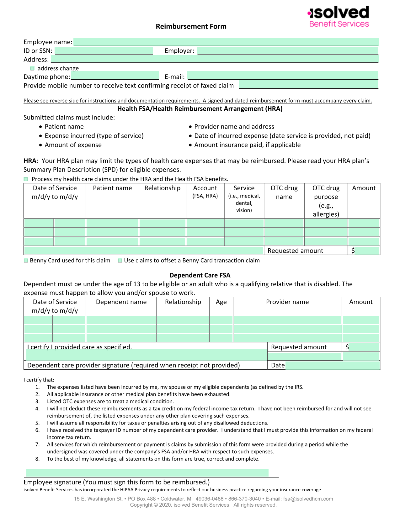 Reimbursement Form screenshot