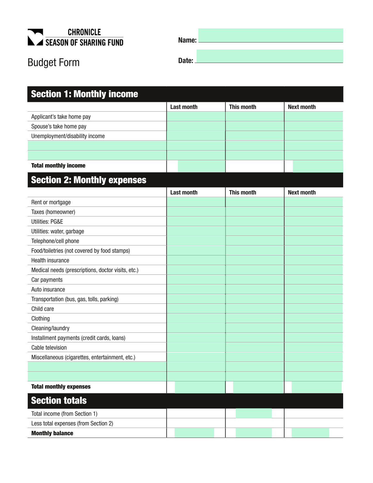 Budget Form screenshot