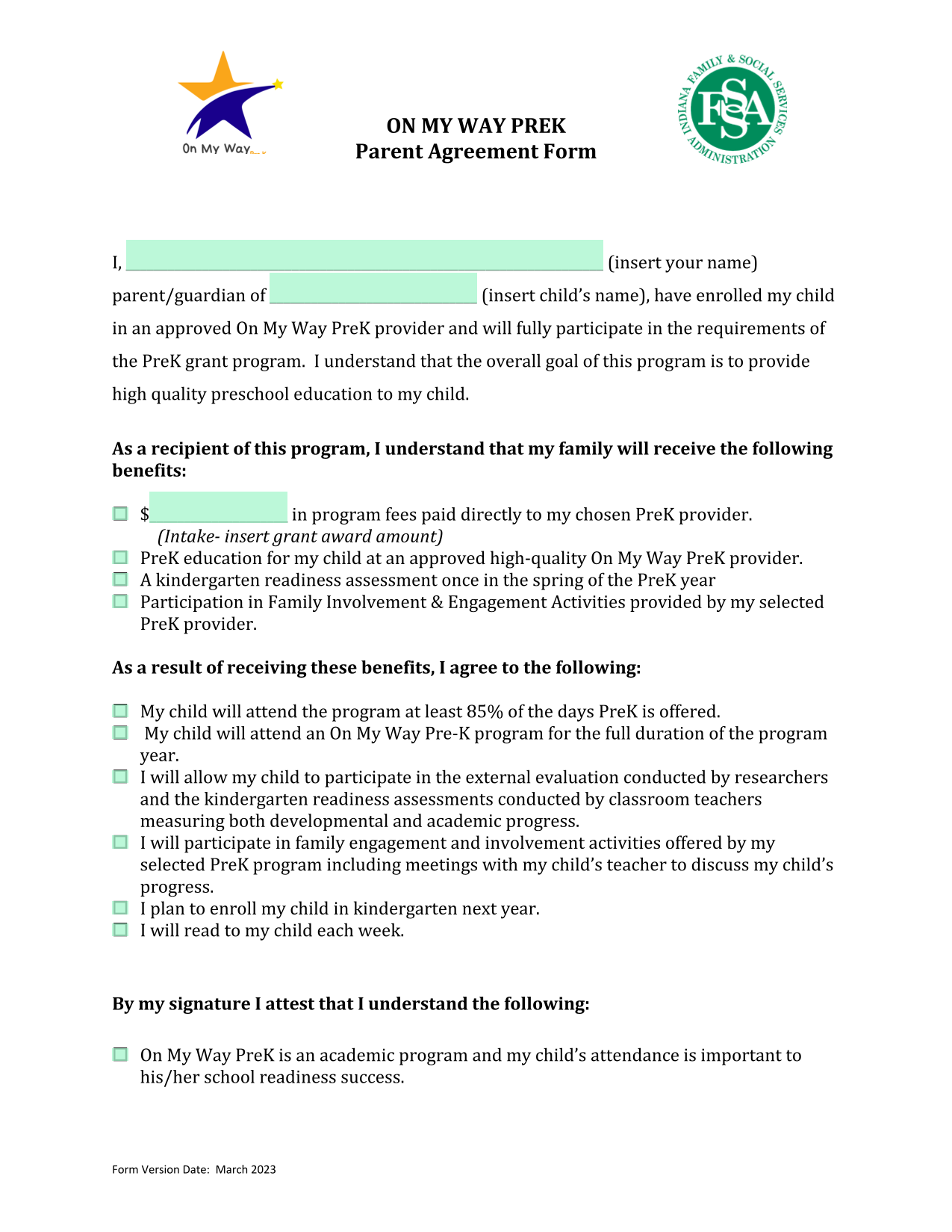 ON MY WAY PREK Parent Agreement Form screenshot