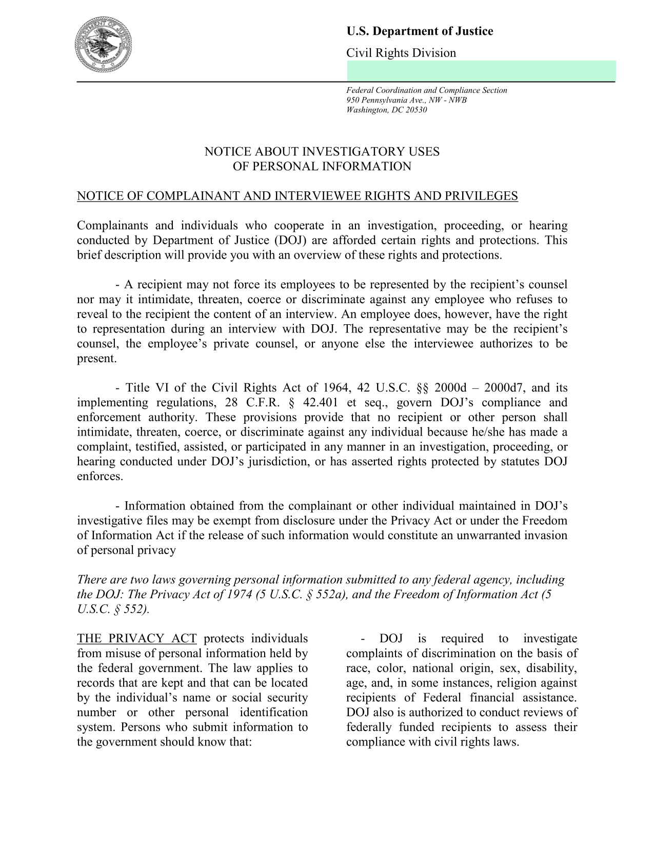 Notice About Investigatory Uses Of Personal Information screenshot