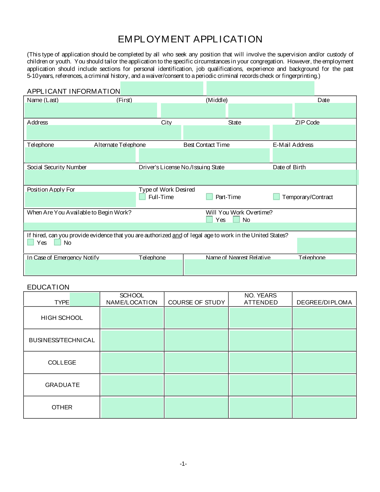 Employment Application screenshot