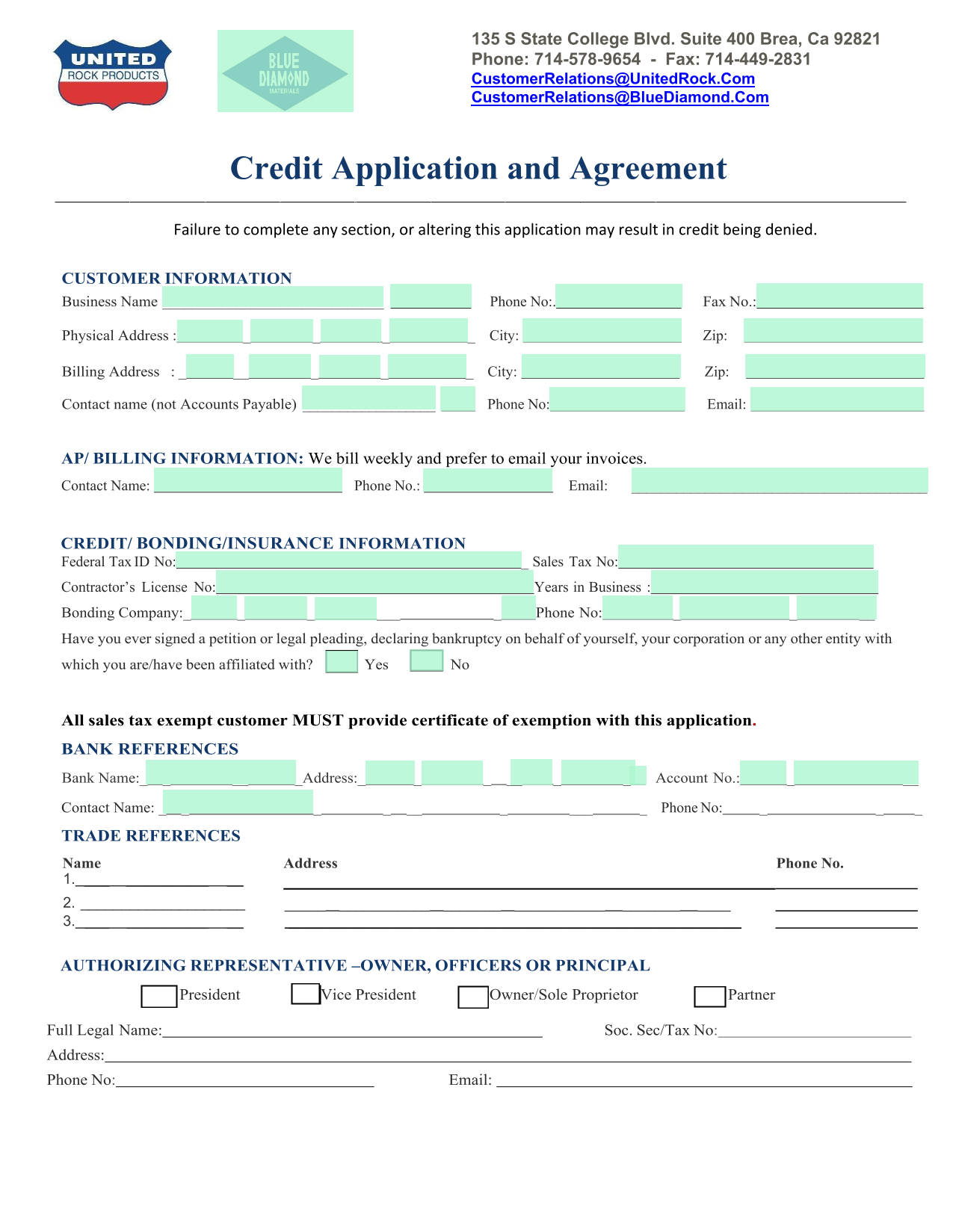 Credit Application And Agreement screenshot