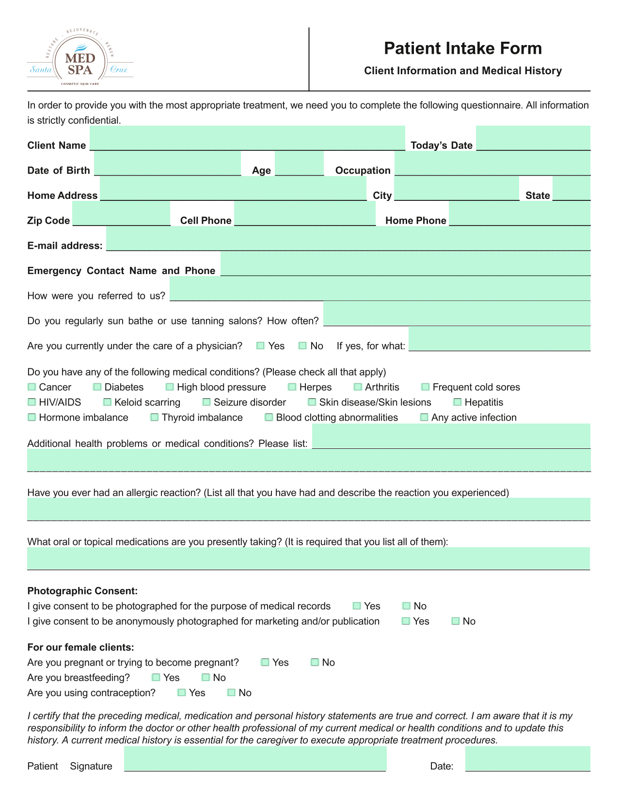 Patient Intake Form screenshot