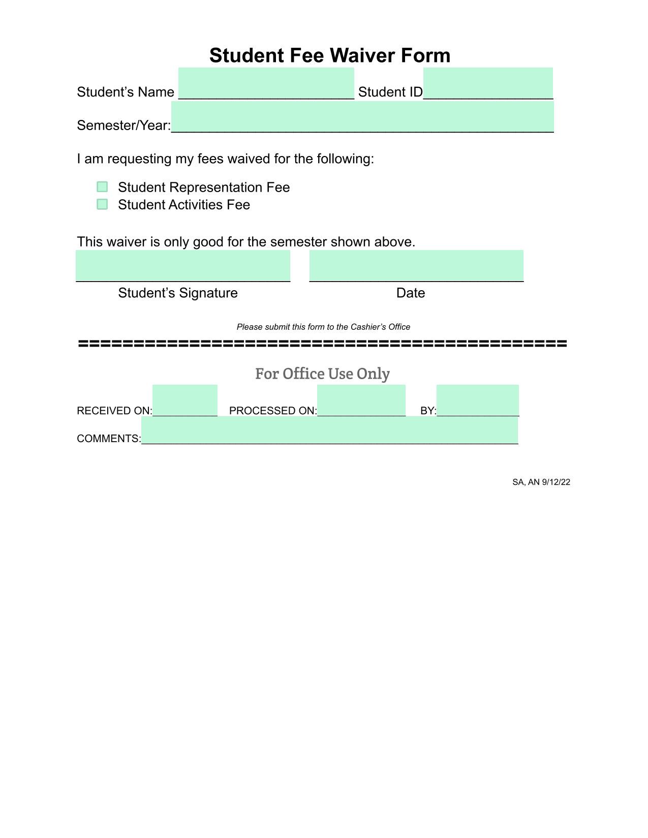 Student Fee Waiver Form screenshot