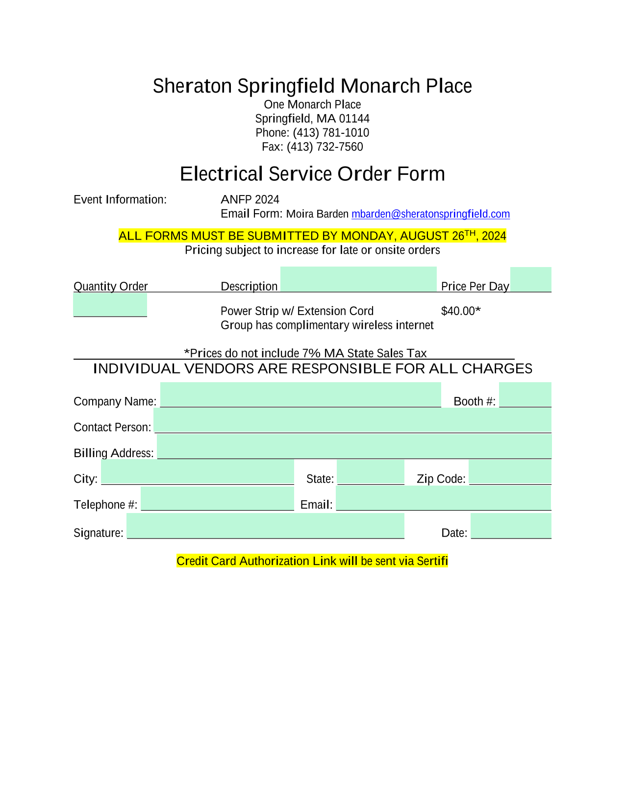 Electrical Service Order Form screenshot