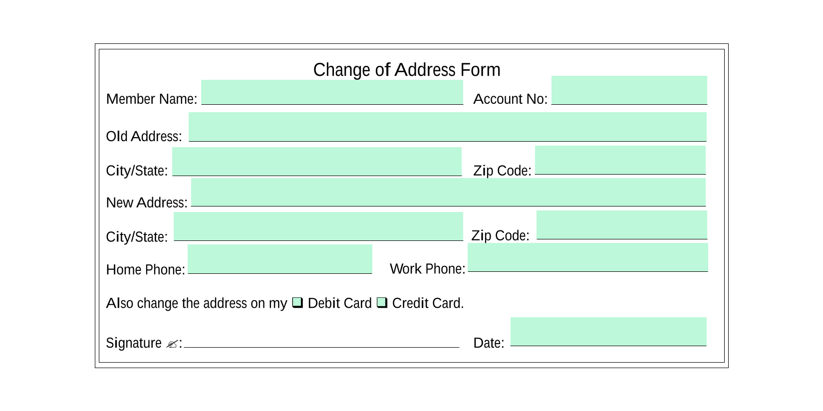 Change Of Address Form screenshot