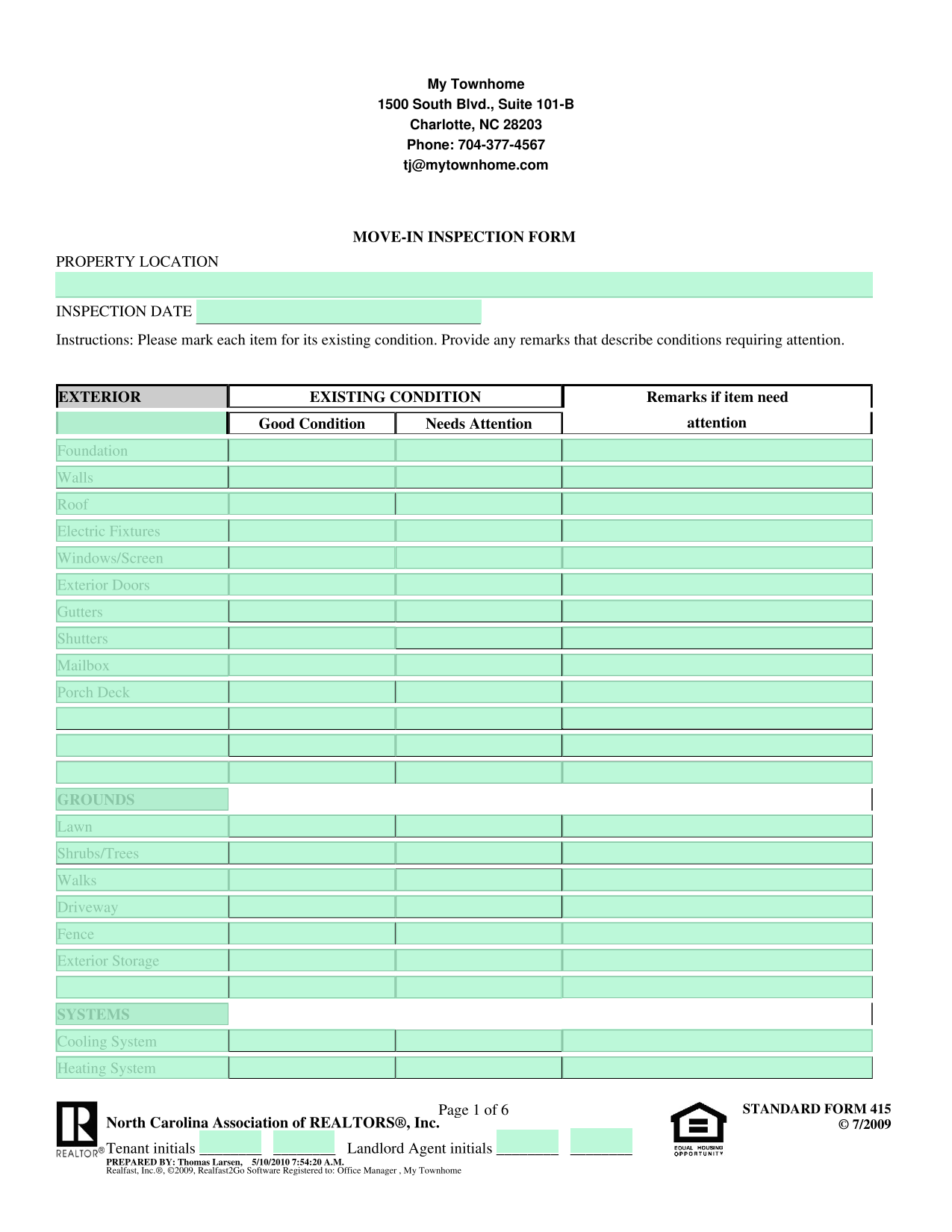 Move In Inspection Form screenshot