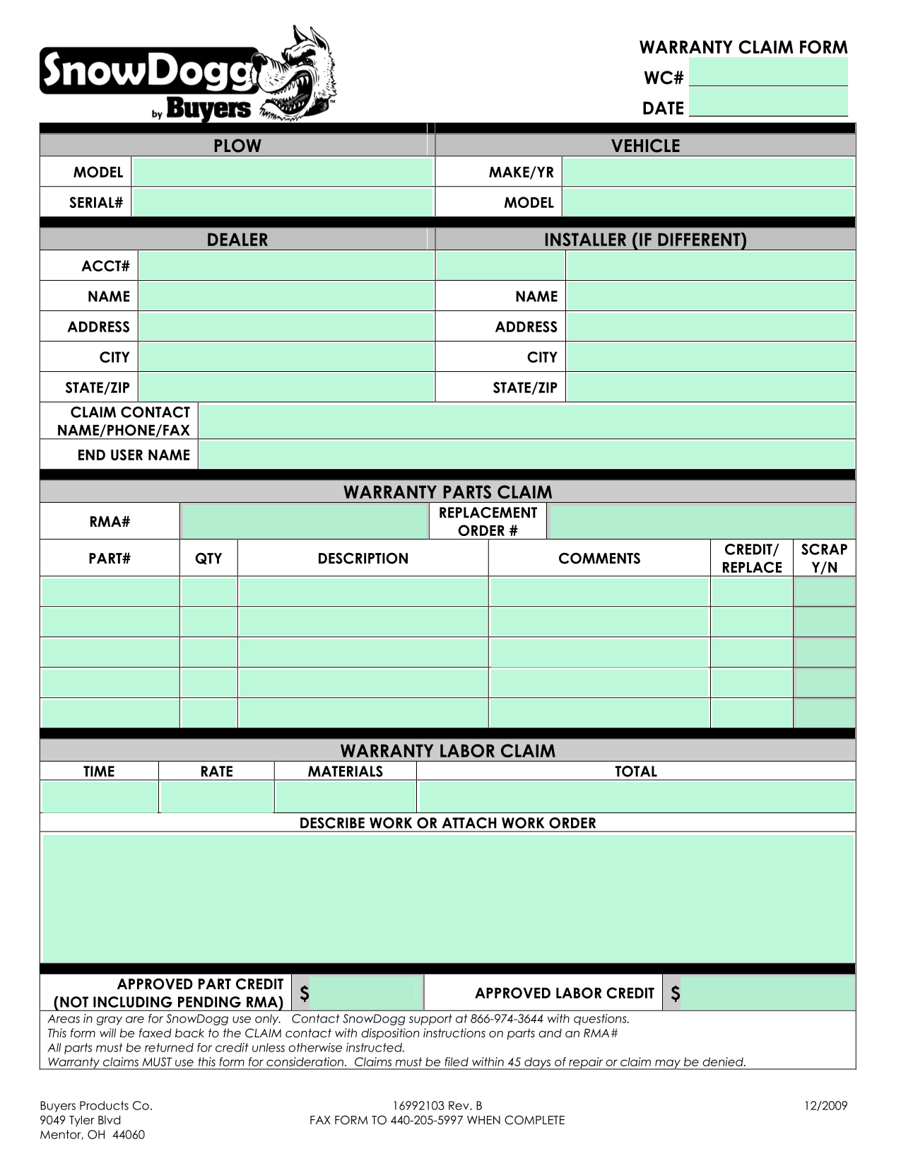 WARRANTY CLAIM FORM screenshot