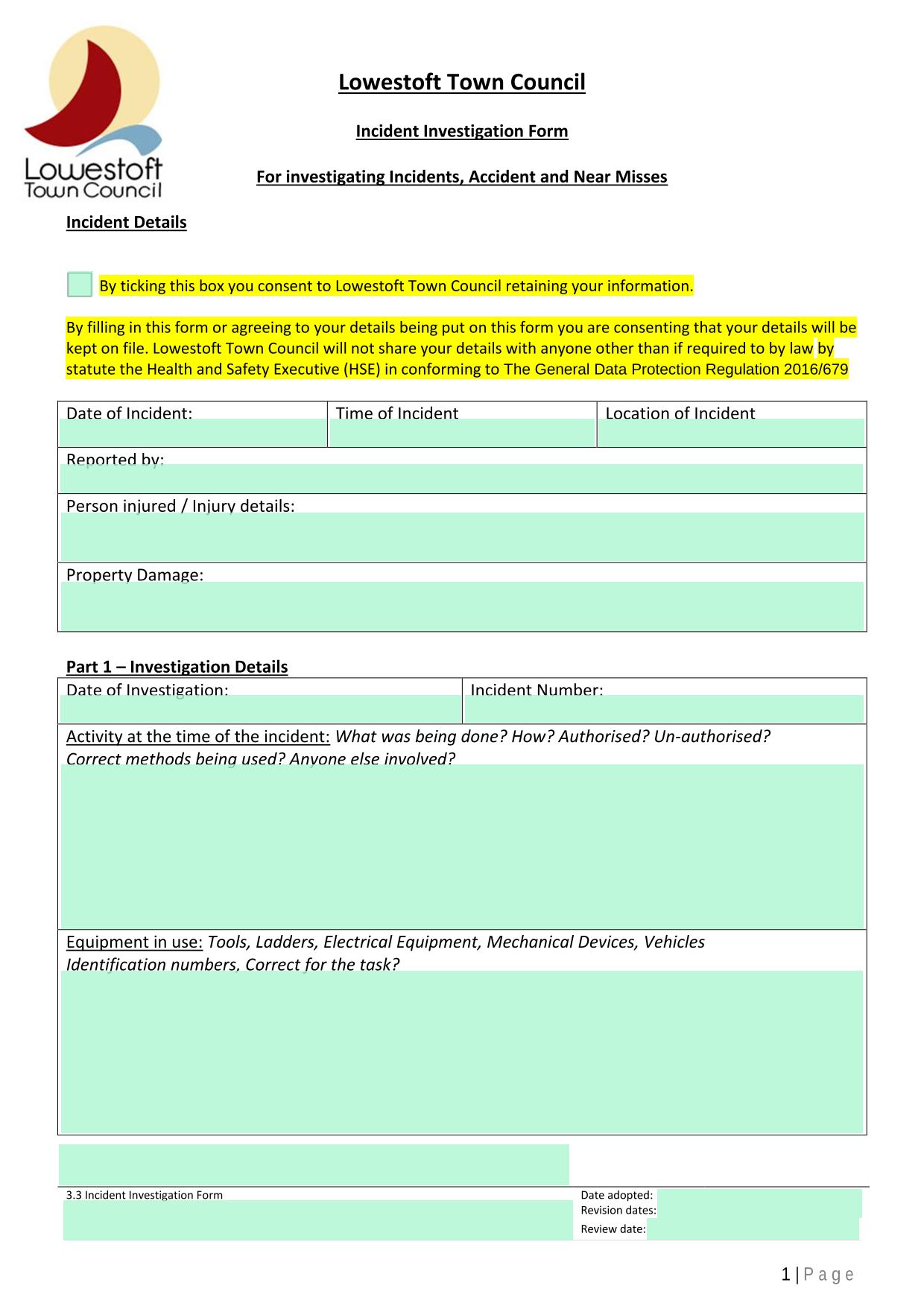 3.3 Incident Investigation Form screenshot