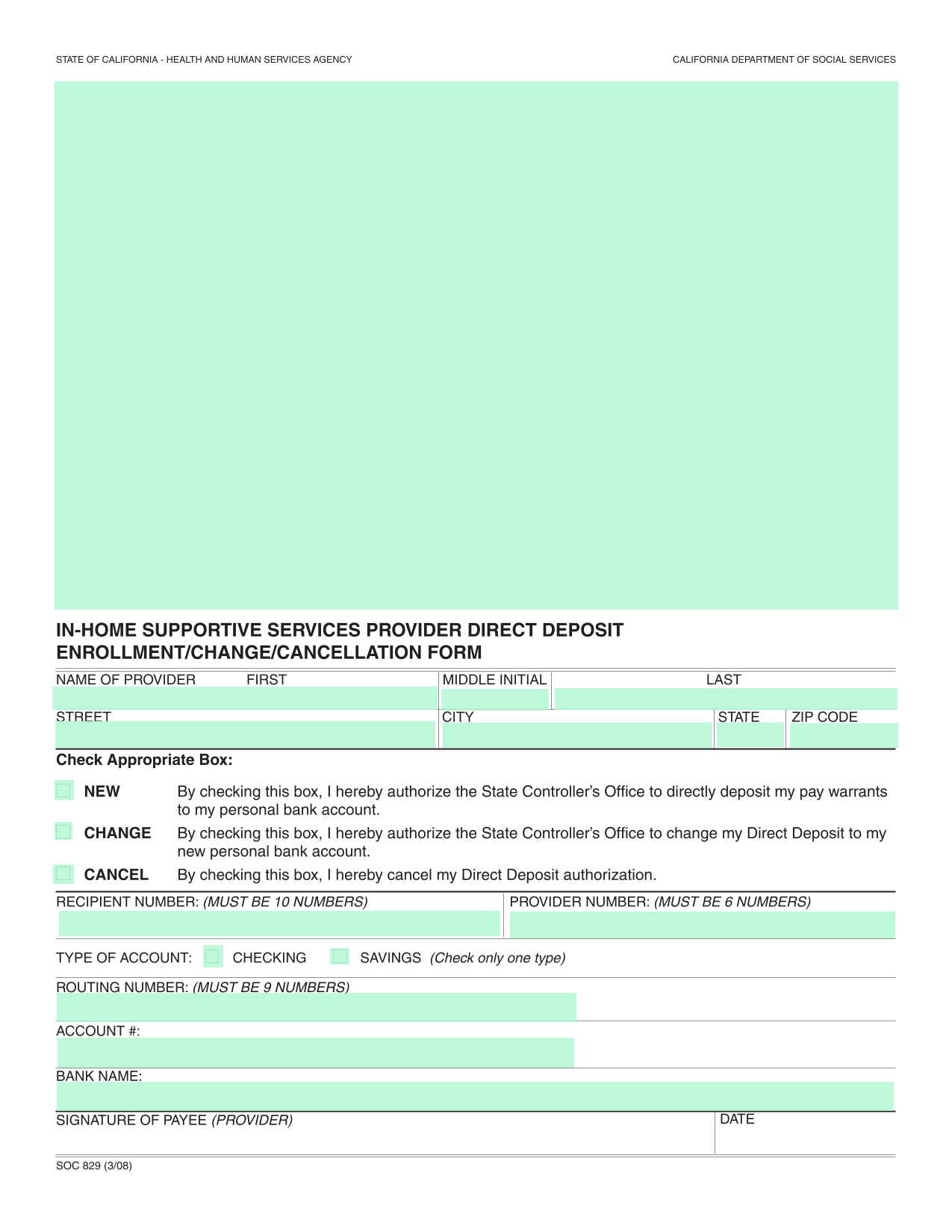 IN HOME SUPPORTIVE SERVICES PROVIDER DIRECT DEPOSIT ENROLLMENTCHANGECANCELLATION FORM screenshot