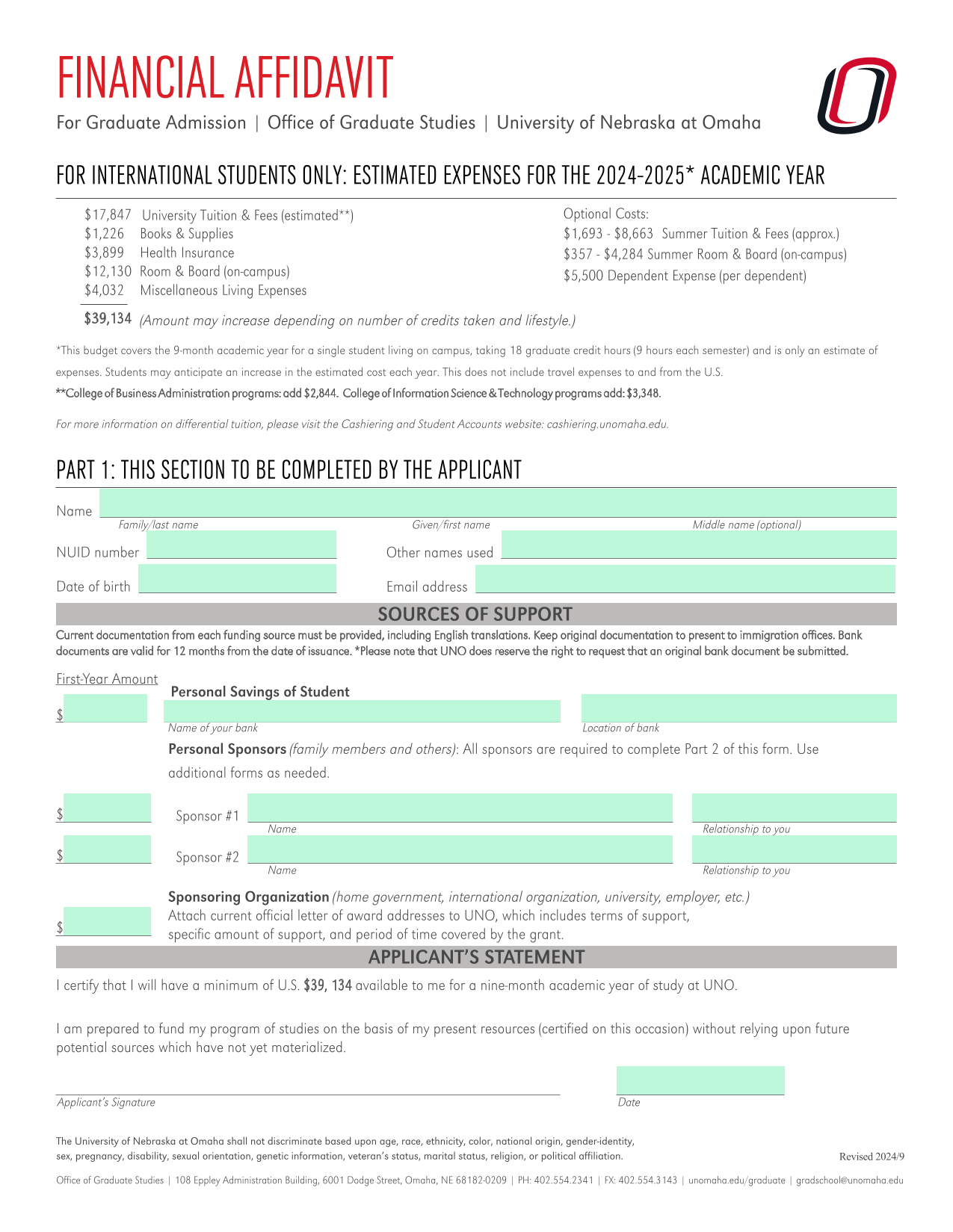 Financial Affidavit For Graduate Admission screenshot