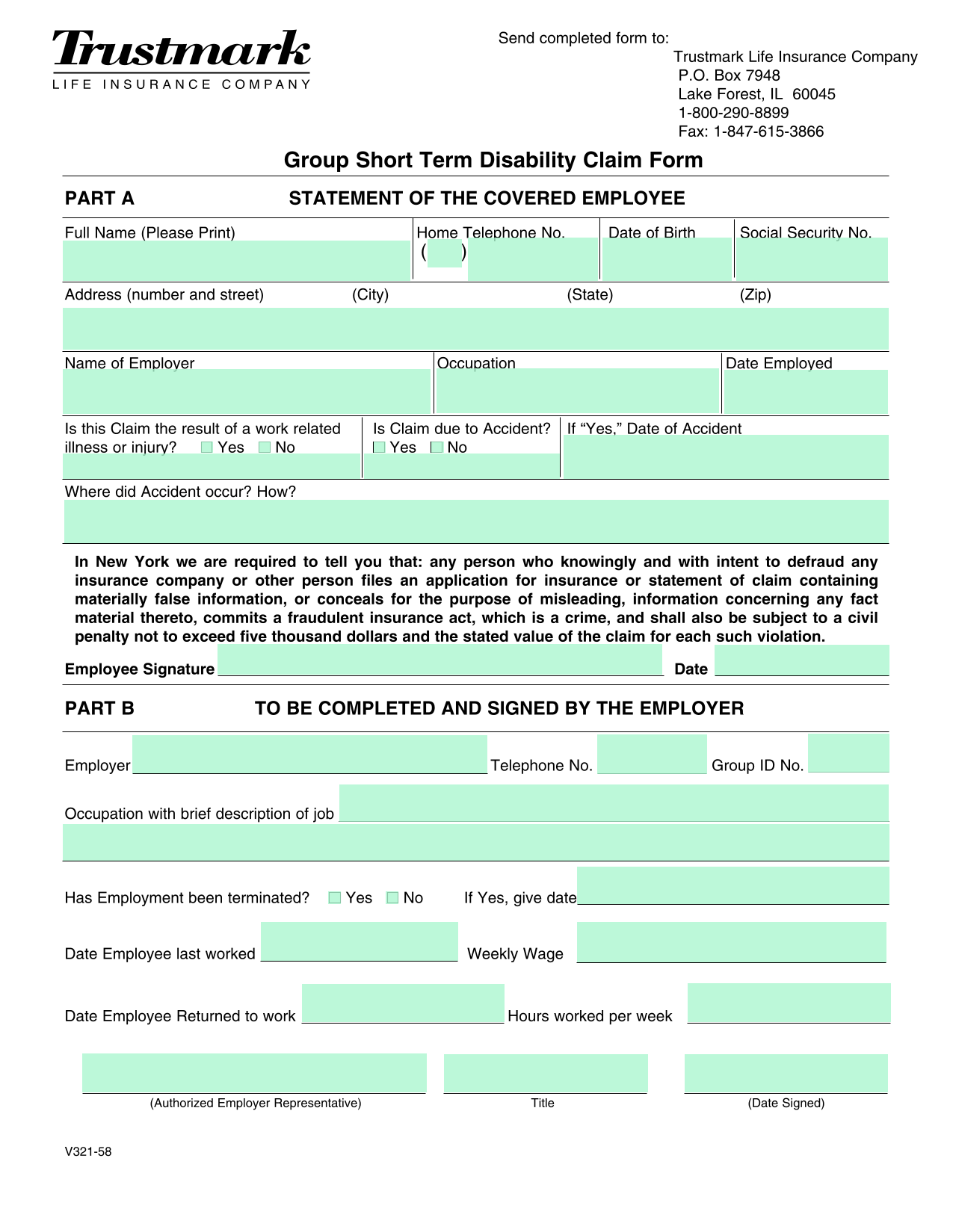 Group Short Term Disability Claim Form screenshot