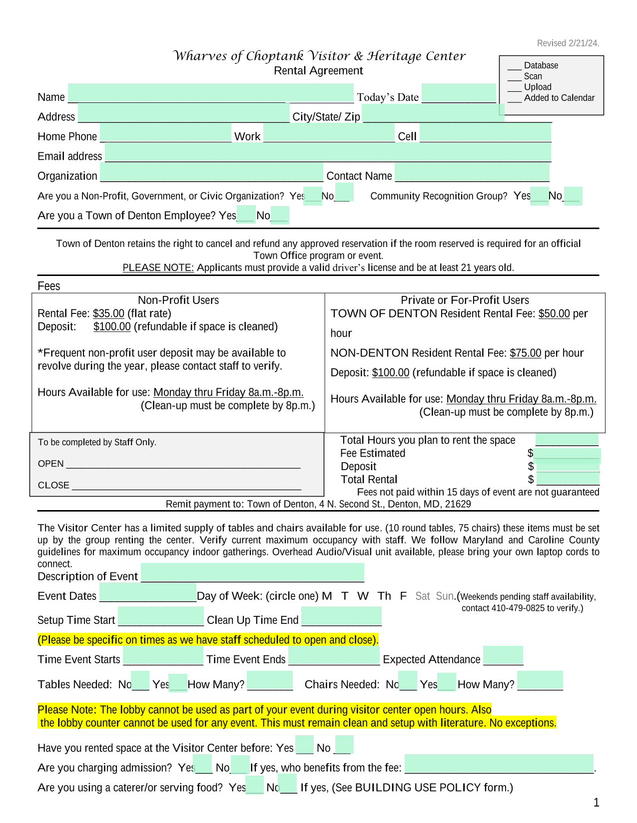 Wharves Of Choptank Visitor  Heritage Center Rental Agreement screenshot