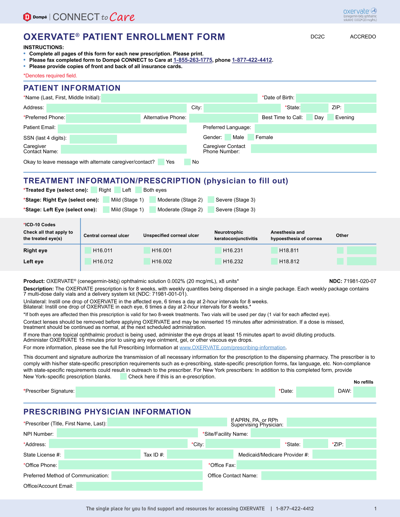 OXERVATE PATIENT ENROLLMENT FORM screenshot