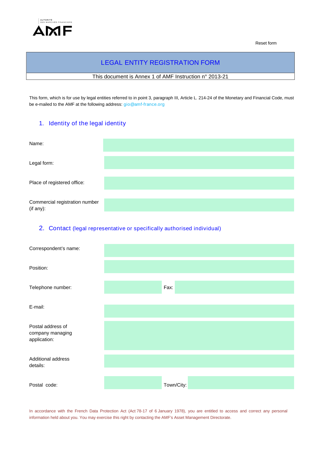 LEGAL ENTITY REGISTRATION FORM screenshot