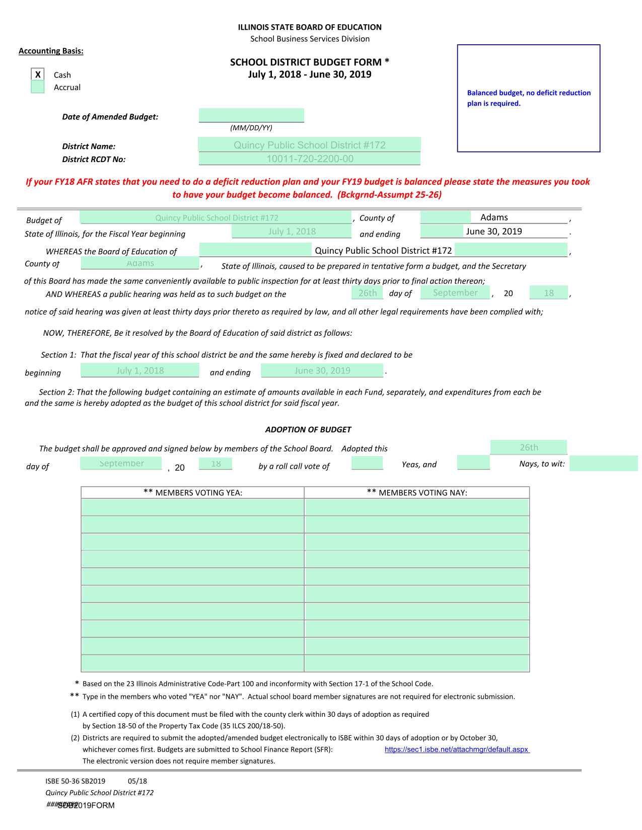 School District Budget Amendment Form screenshot