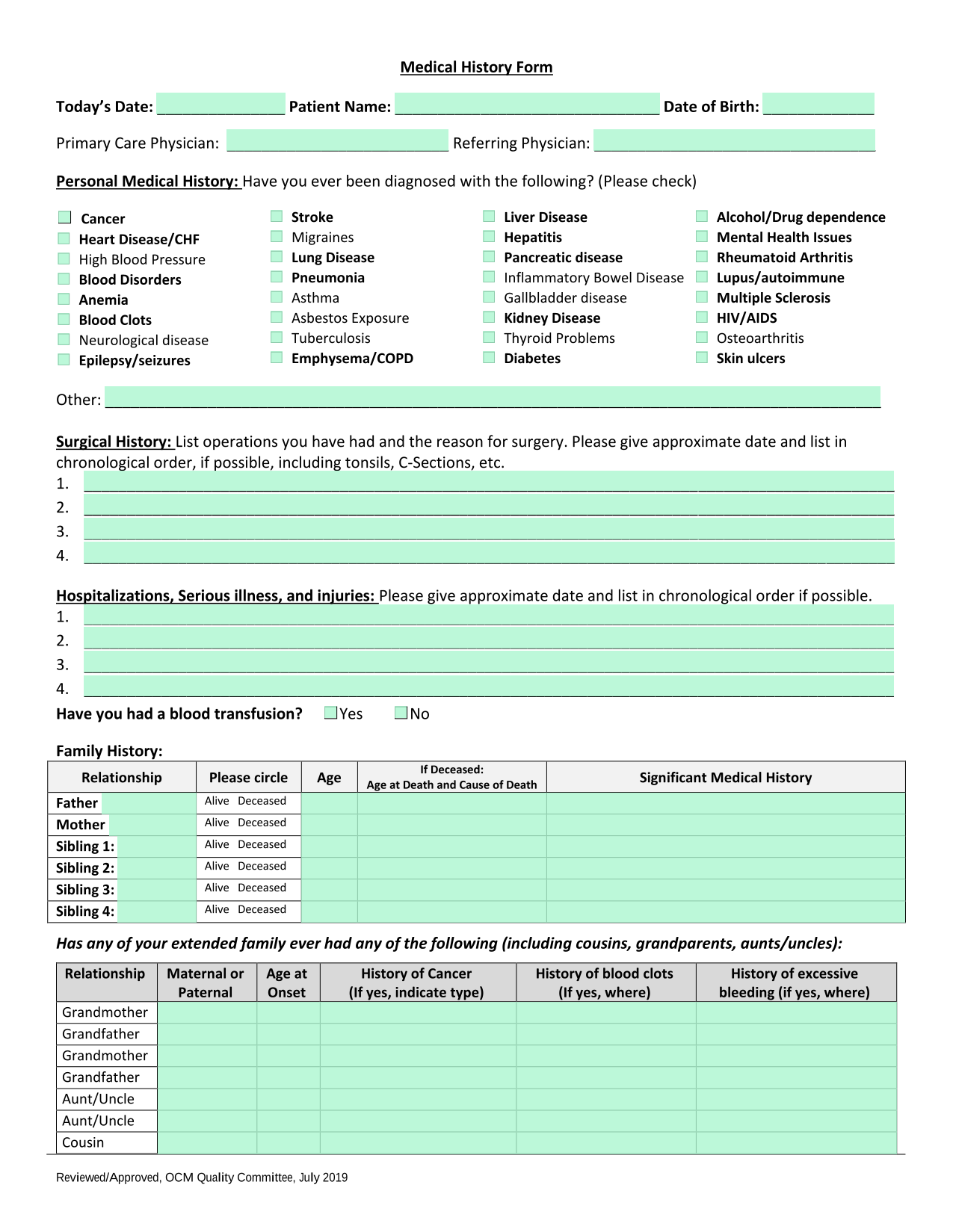 Medical History Form screenshot