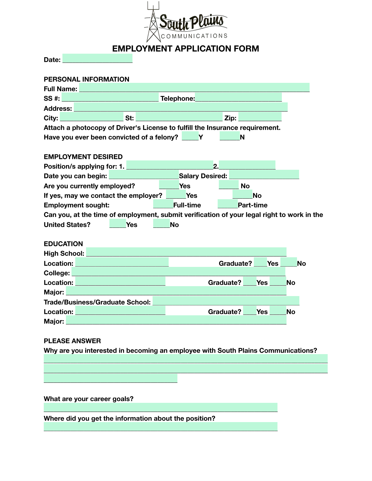 Employment Application Form screenshot