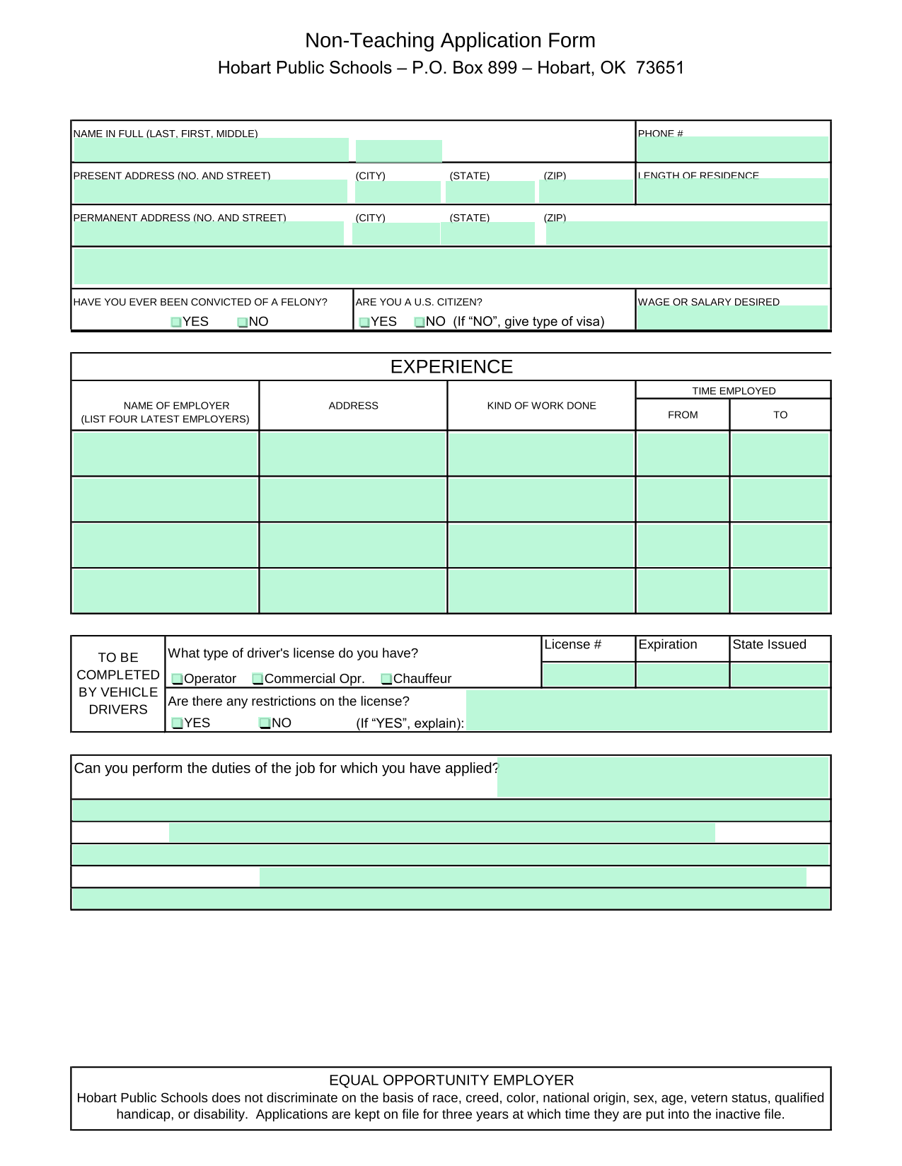 Non Teaching Application Form screenshot