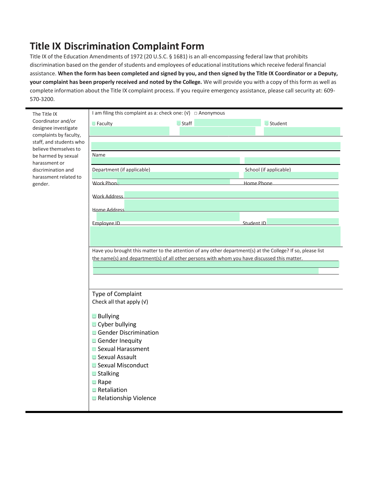 Title IX Discrimination Complaint Form screenshot