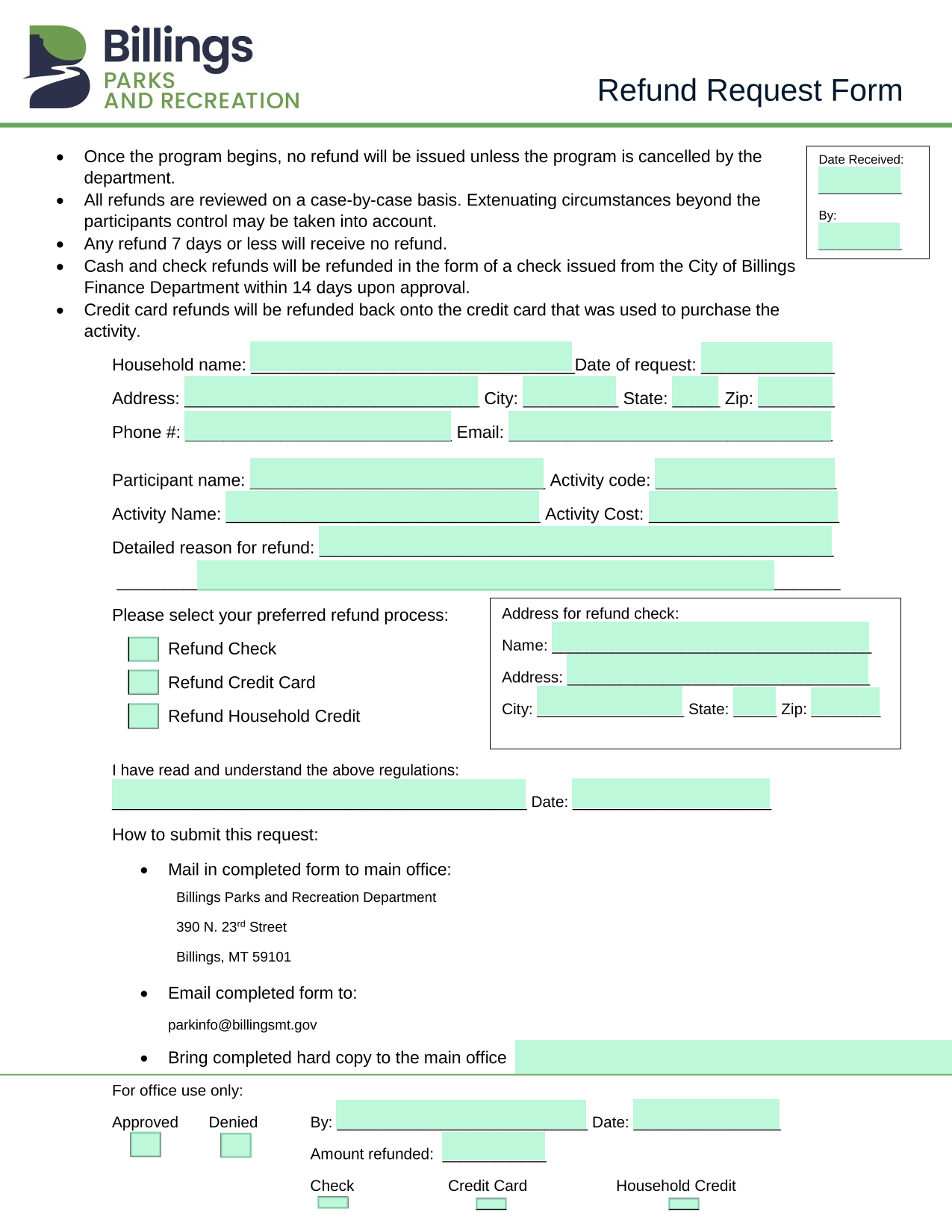 Refund Request Form screenshot