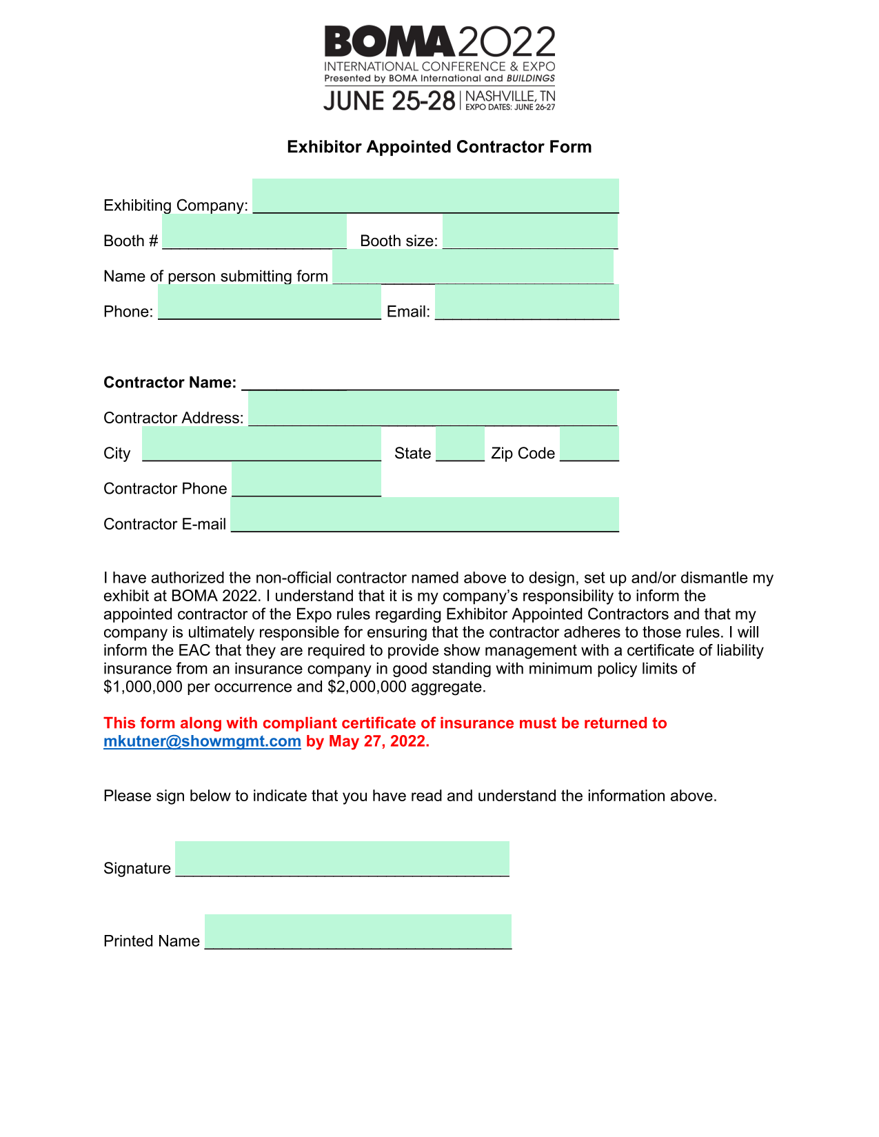 Exhibitor Appointed Contractor Form screenshot