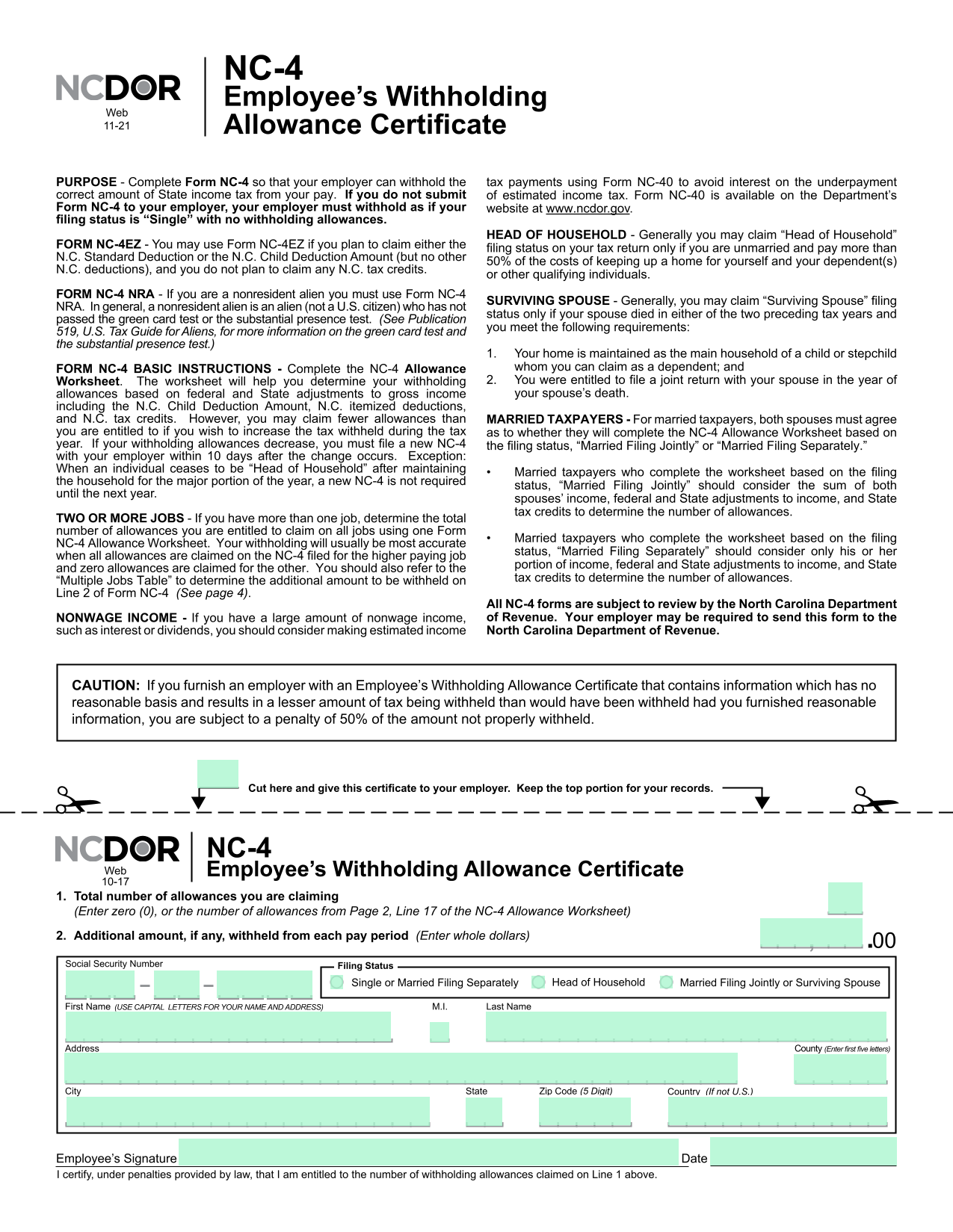 NC 4 Withholding Allowance Certificate screenshot