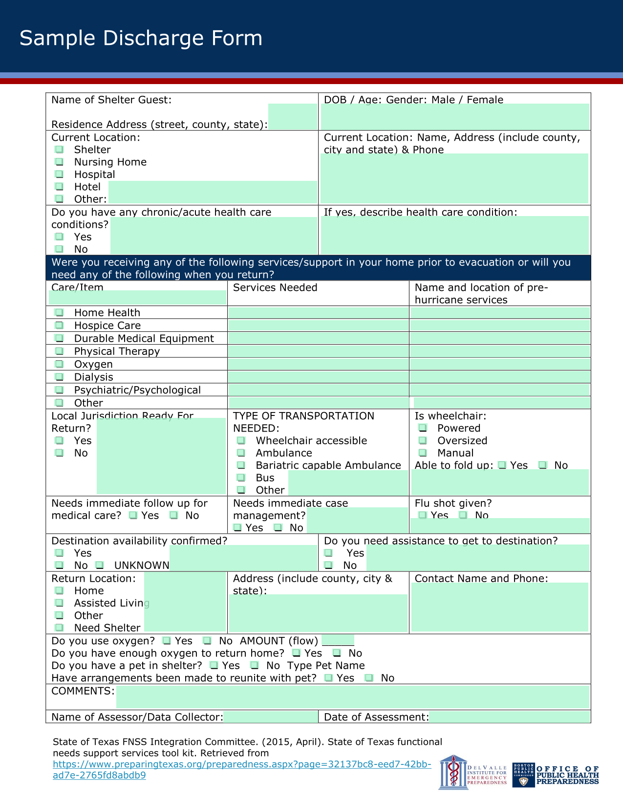 Sample Discharge Form screenshot