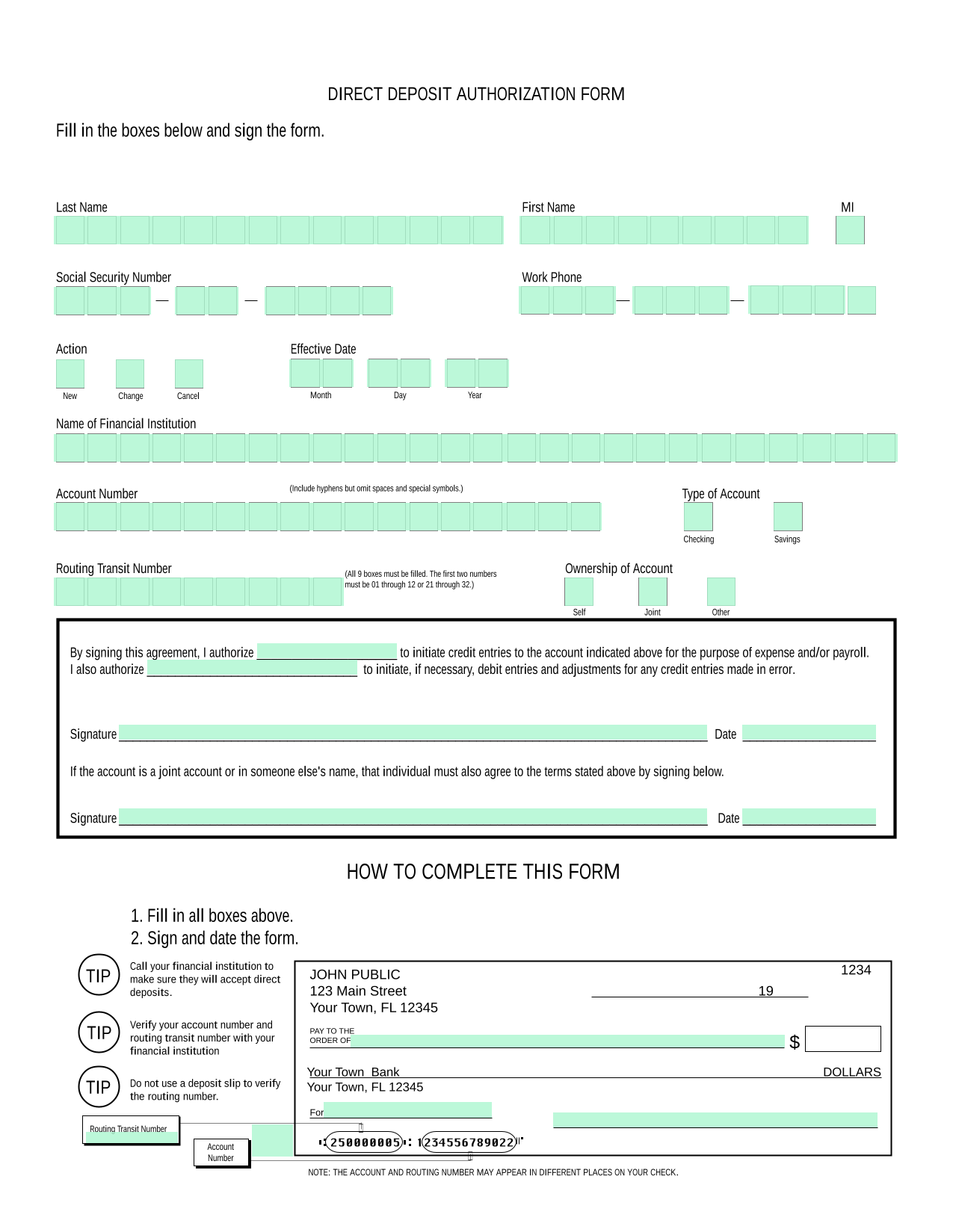 Direct Deposit Authorization Form screenshot