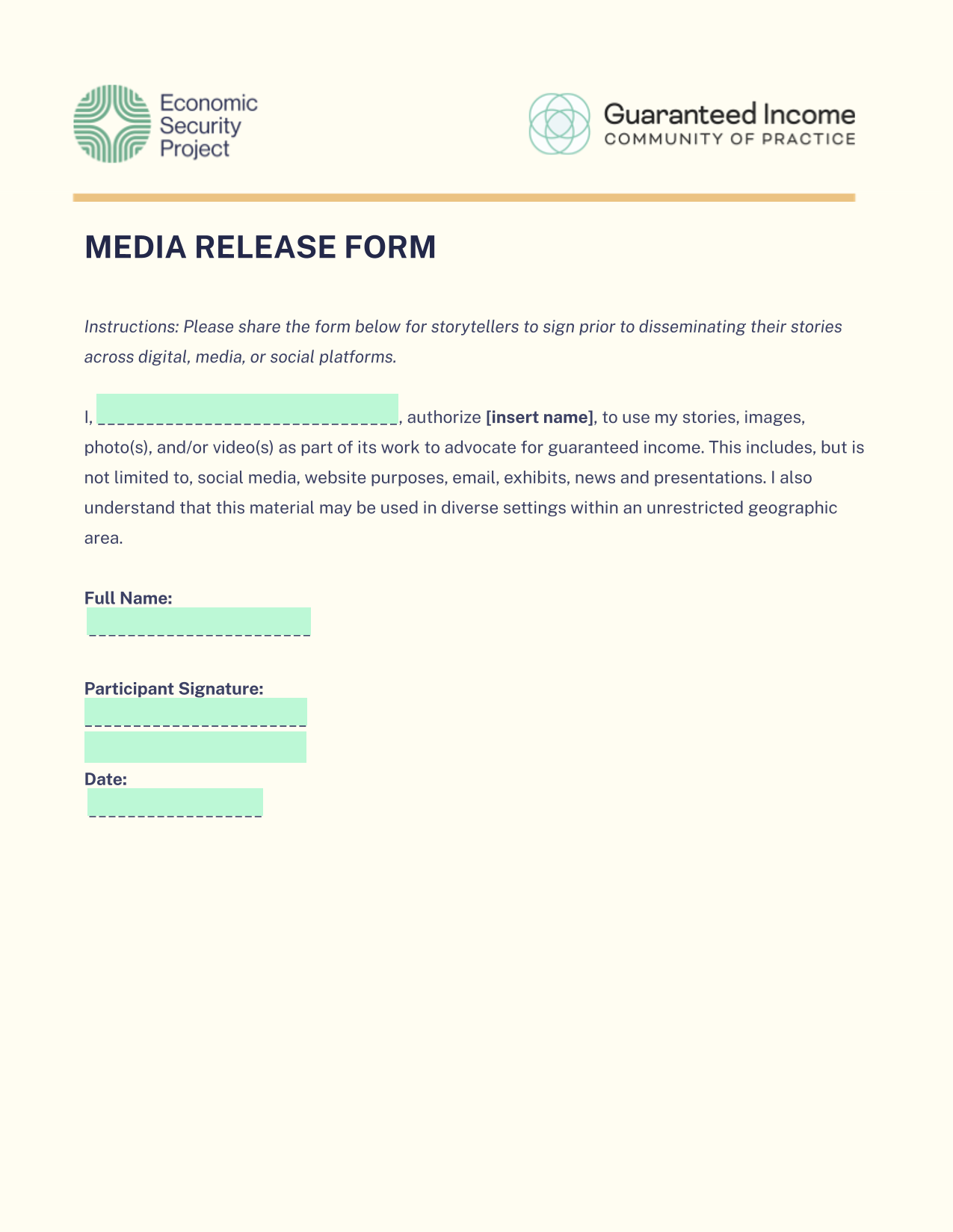 Media Release Form screenshot