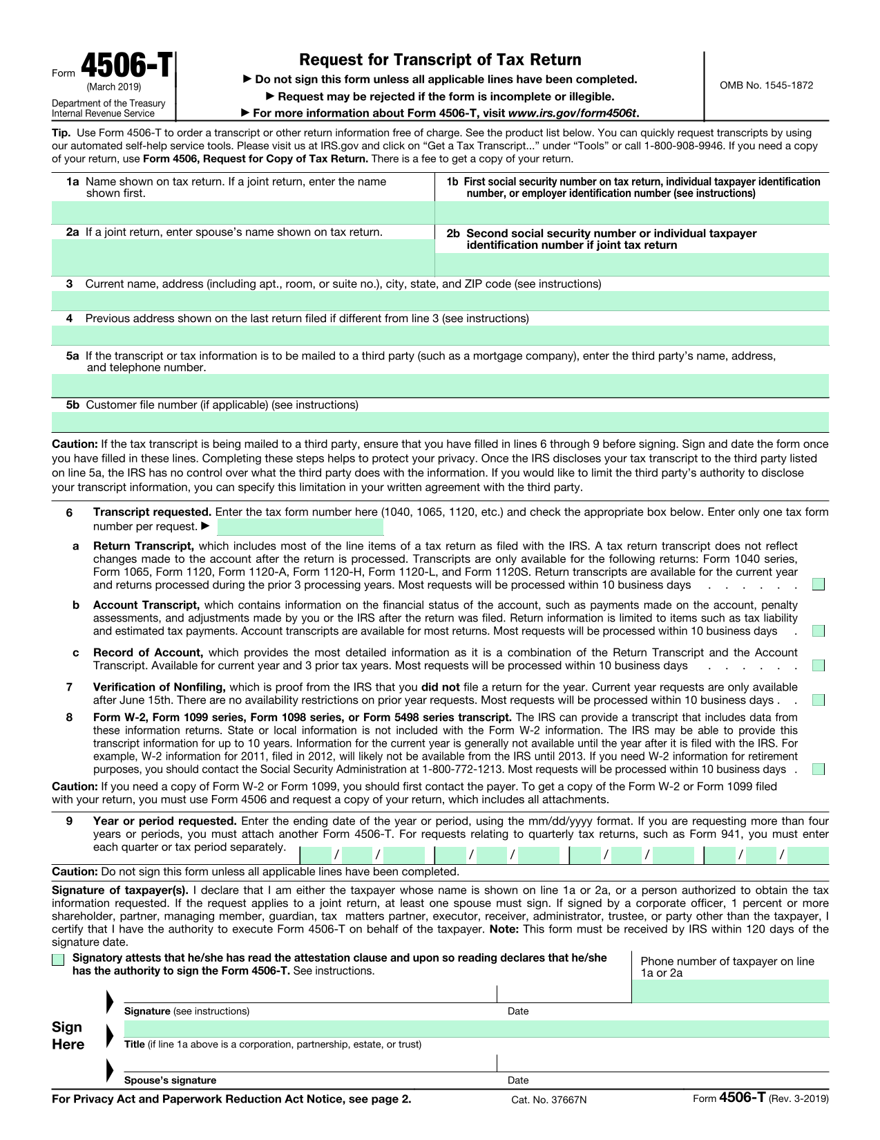 Form 4506 T screenshot