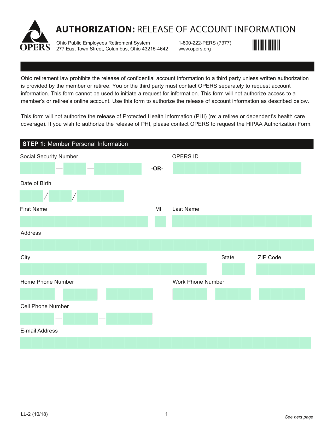 LL 2 Authorization Release Of Account Information screenshot