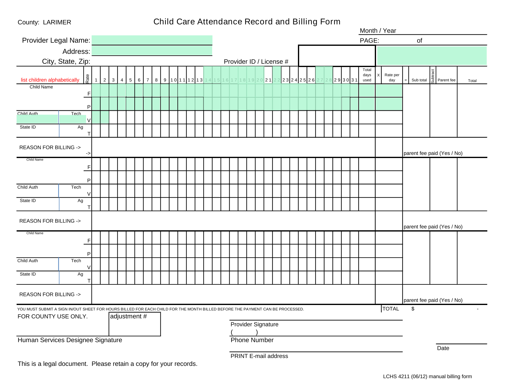 Child Care Attendance Record And Billing Form screenshot